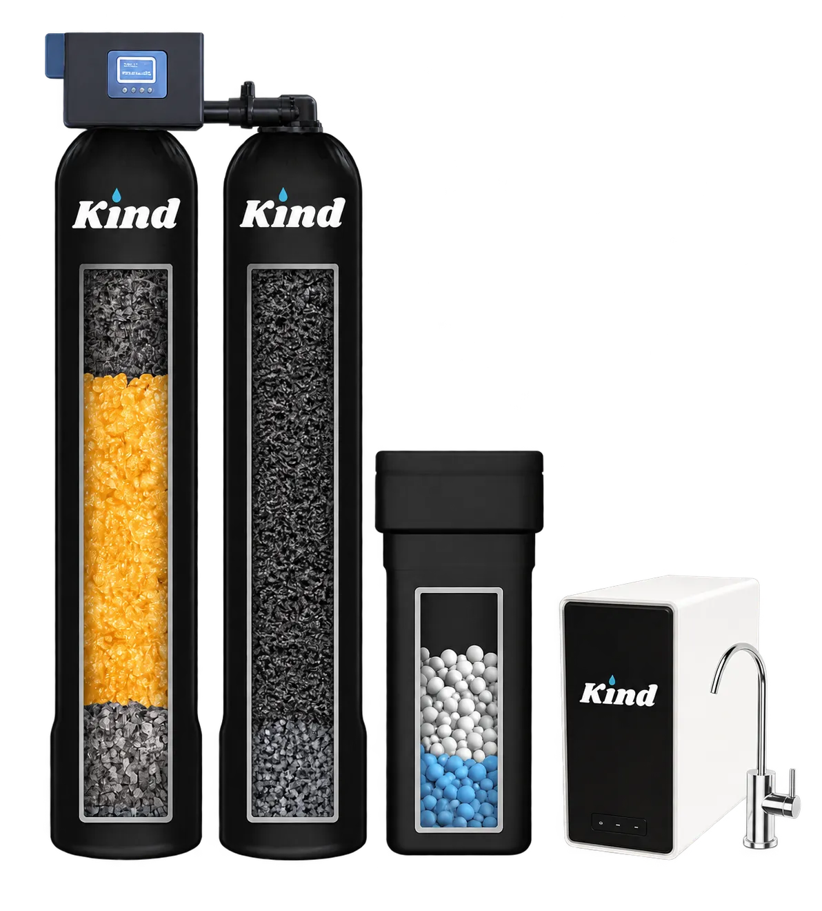 Kind Water Co dual-tank city-water system with brine tank, reverse osmosis and faucet