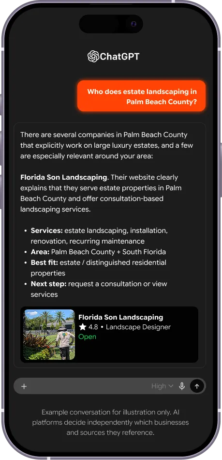 AI assistant recommending a local landscaping business
