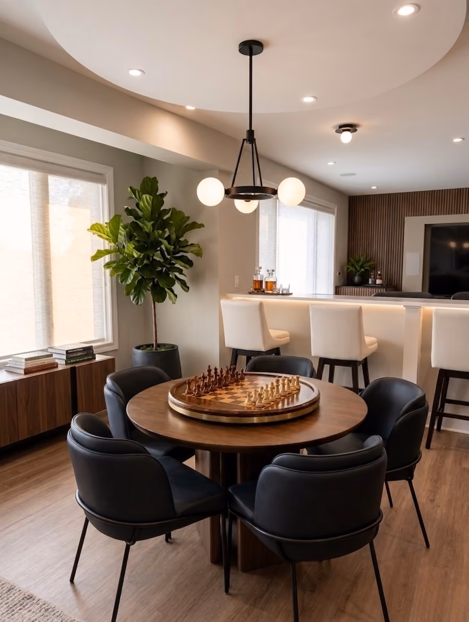 A finished basement with a multi-use space including a gaming table and counter seating designed by 1st Design Studio