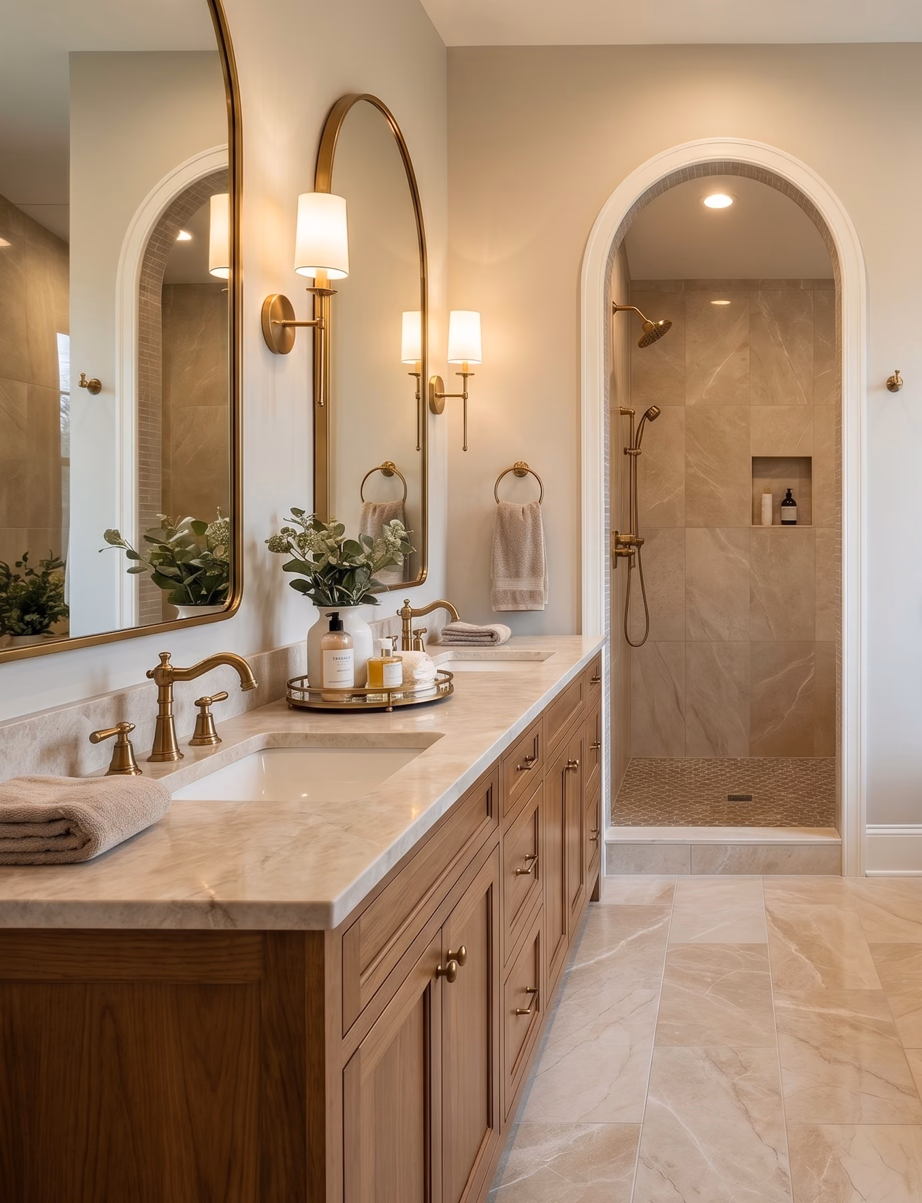 A bathroom with an arched shower entry with a double sink vanity with arched mirrors designed by 1st Design Studio