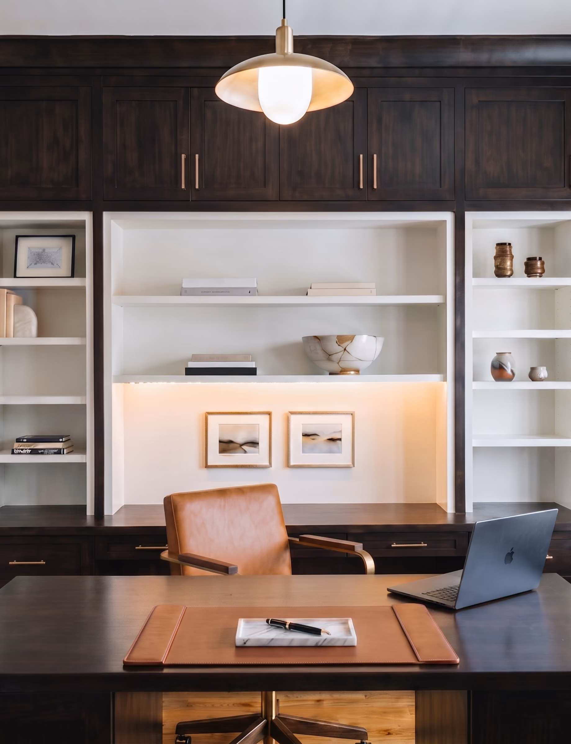 Office with custom cabinet built-ins designed by 1st Design Studio
