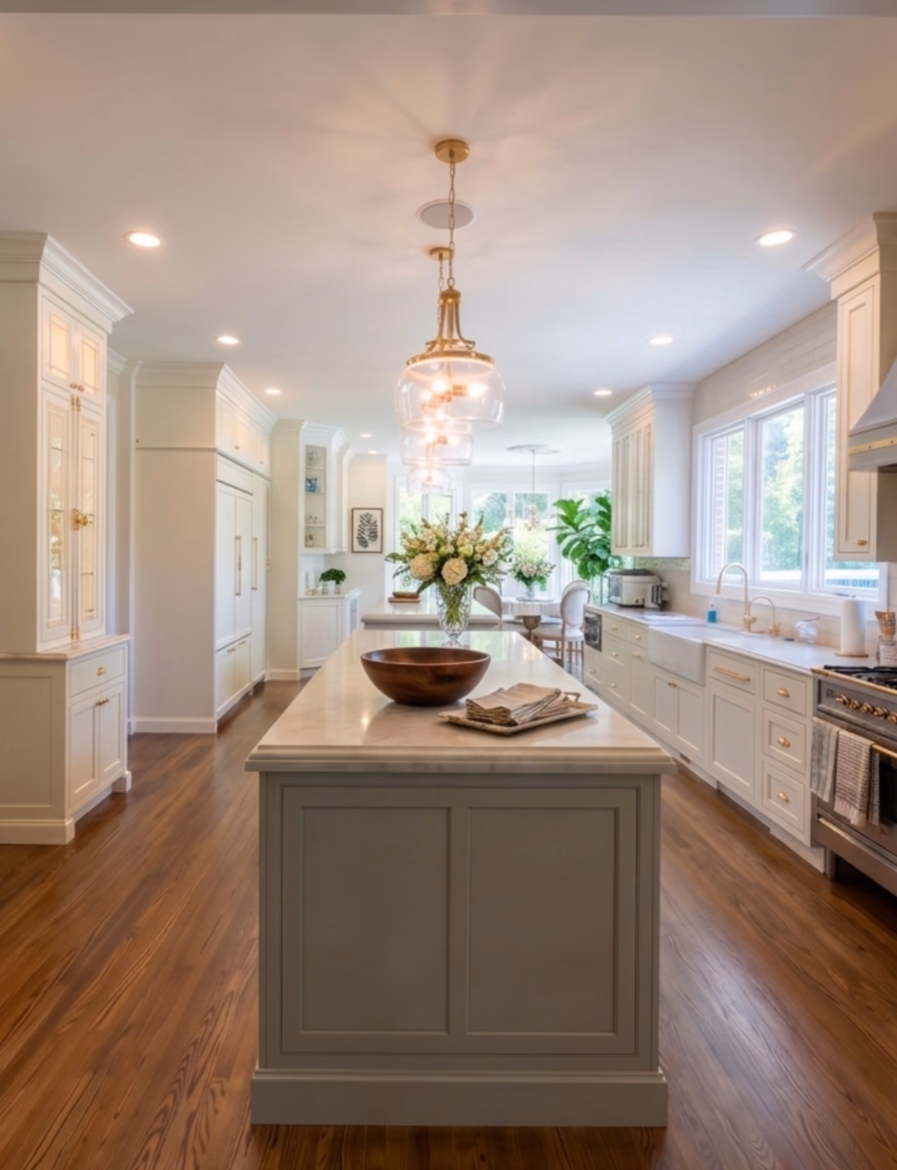 A Lake Forest two-toned kitchen with the island as the focal point and brass pendant lighting designed by 1st Design Studio