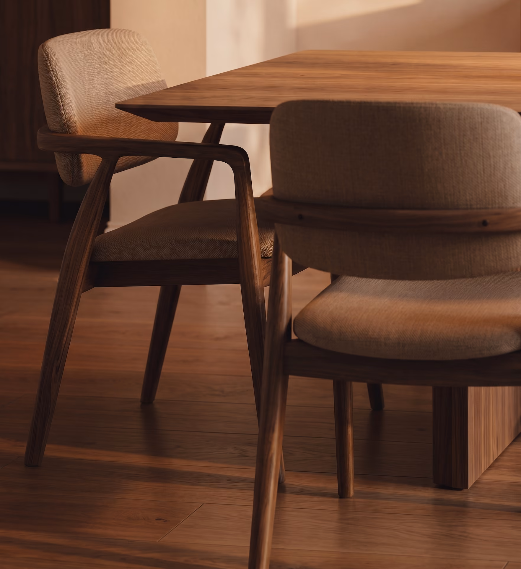 A formal dining set with warm wood tones and beige fabric cushions