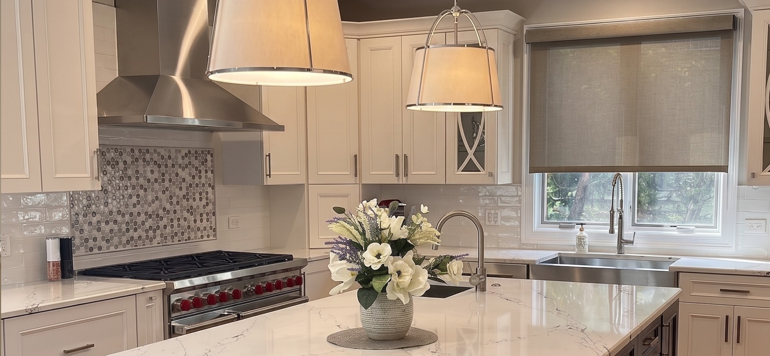 Espresso wood tone traditional kitchen and custom island with white stone countertops by 1st Design Studio