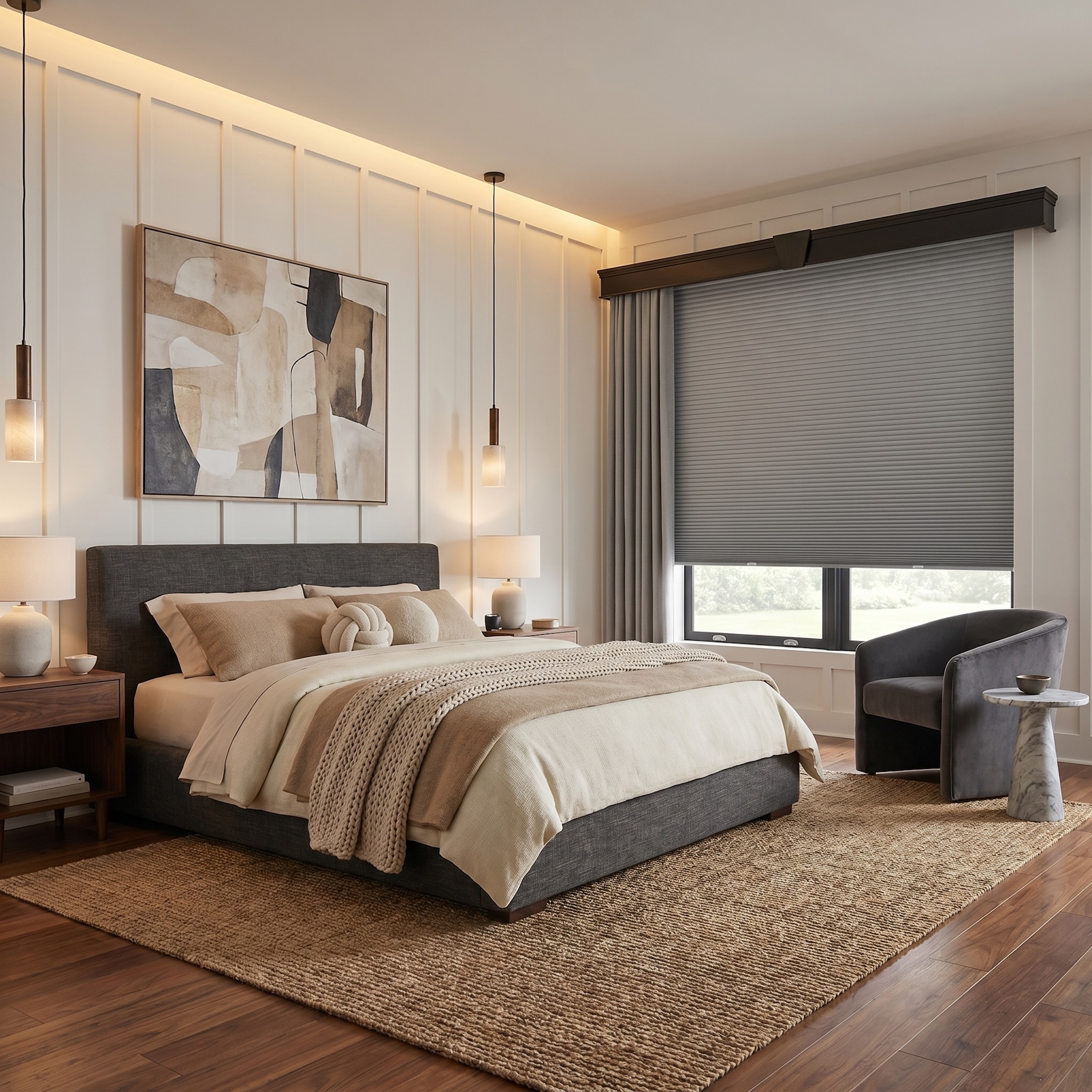 Graber blinds in gray blue with curtain and blind combo in a staged bedroom with modern organic furniture