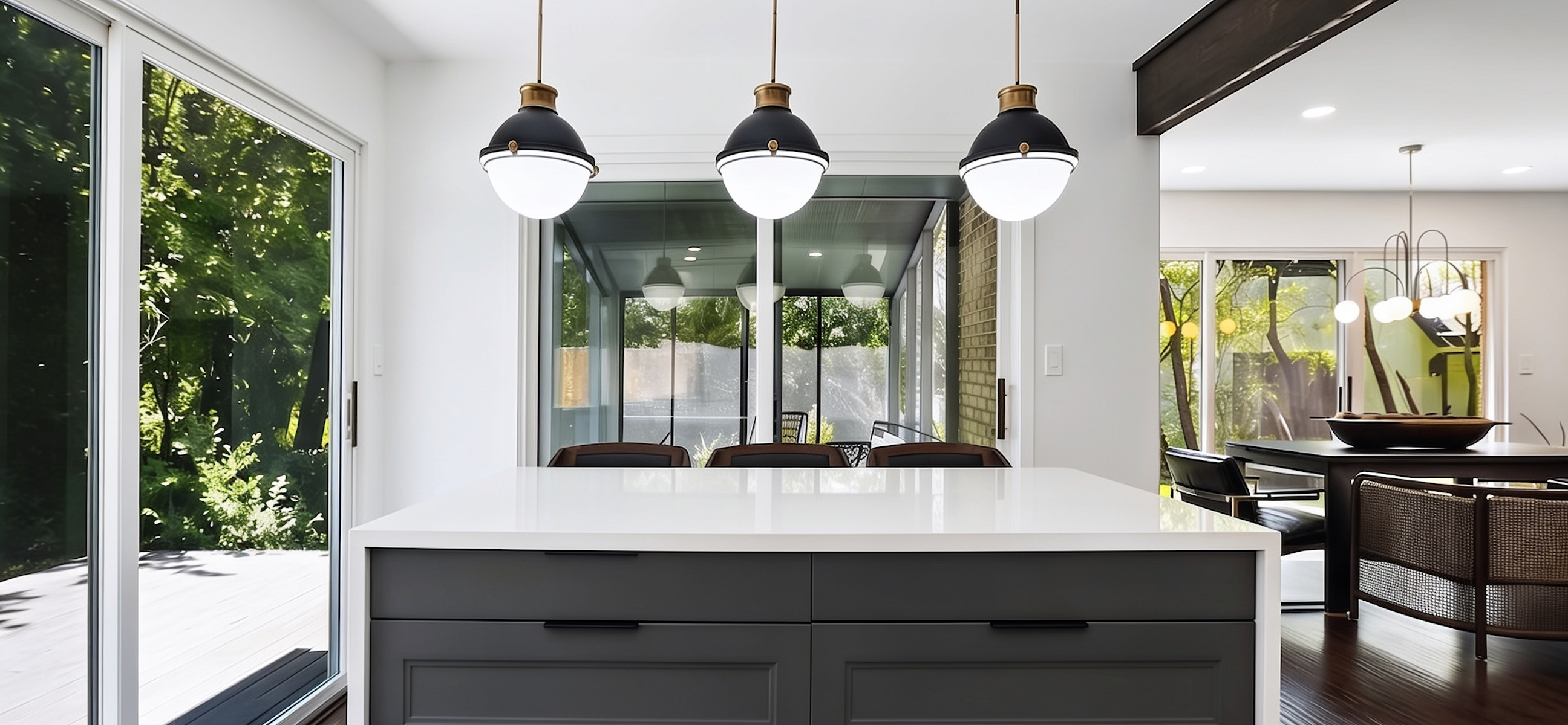 Flossmoor kitchen design with three pendant lights over a waterfall island with slate gray cabinets
