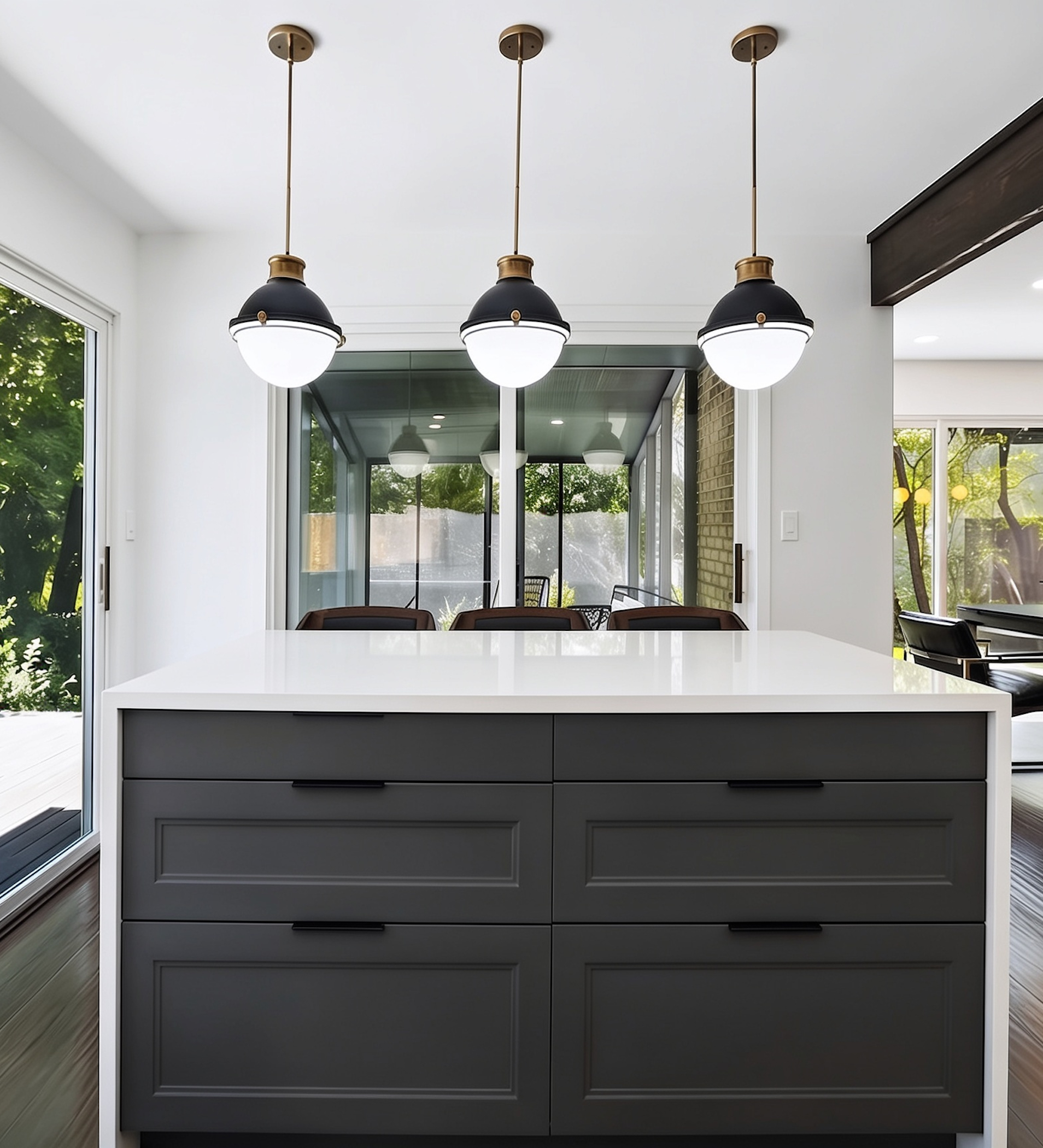 Flossmoor kitchen design with three pendant lights over a waterfall island with slate gray cabinets