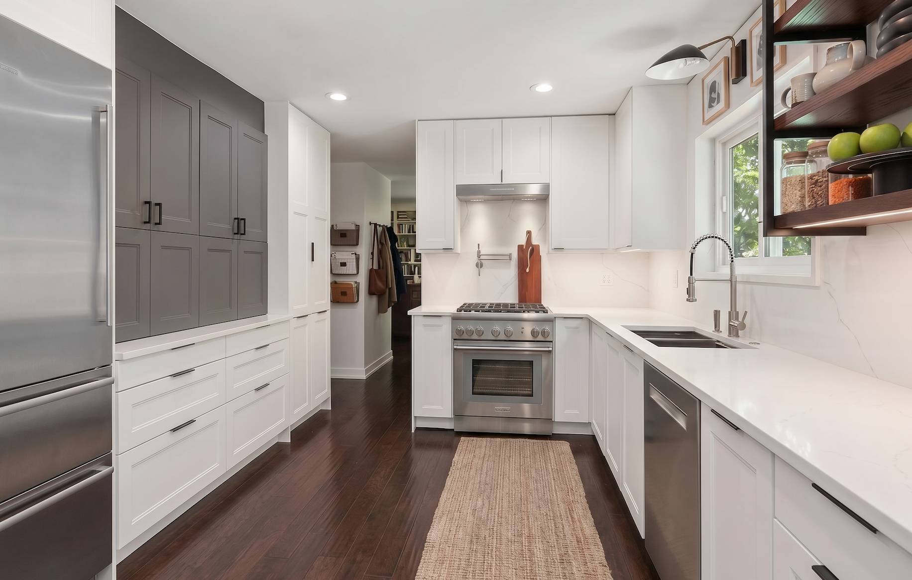 Flossmoor kitchen design with custom cabinetry, white stone countertops and open shelves
