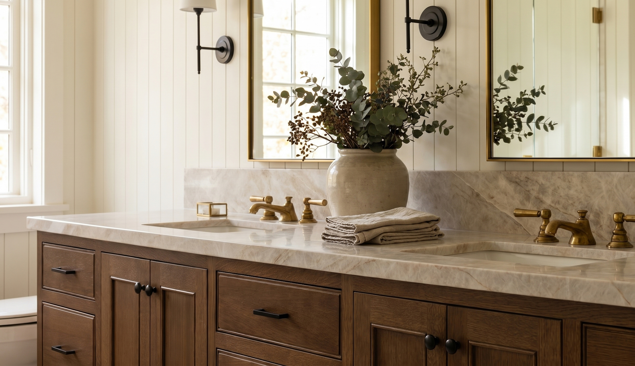 Walnut vanity with double sink and mirrors with a neutral stone