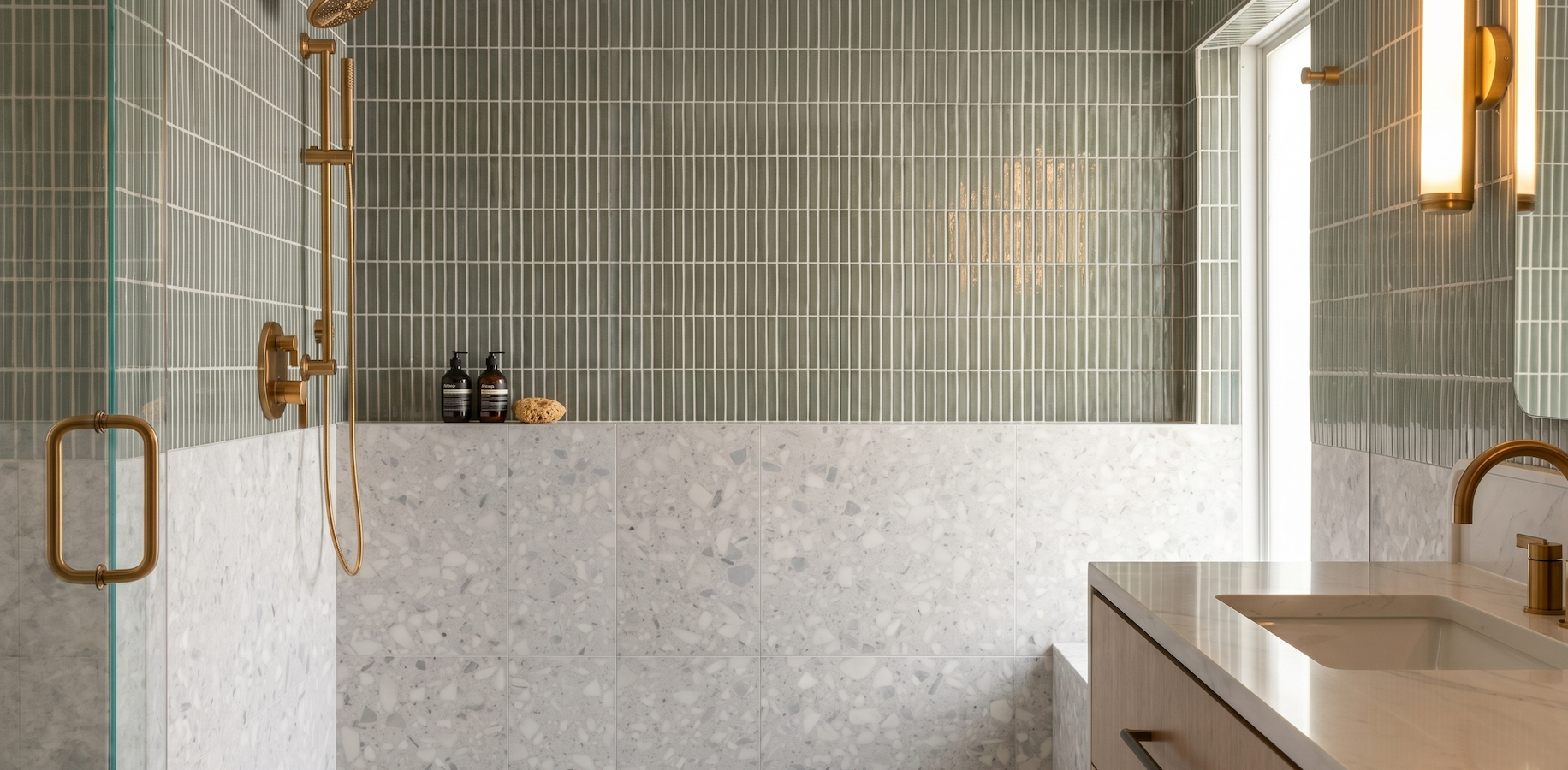 Modern walk-in shower with large format light tiles and a ledge with smaller format sage tile above it