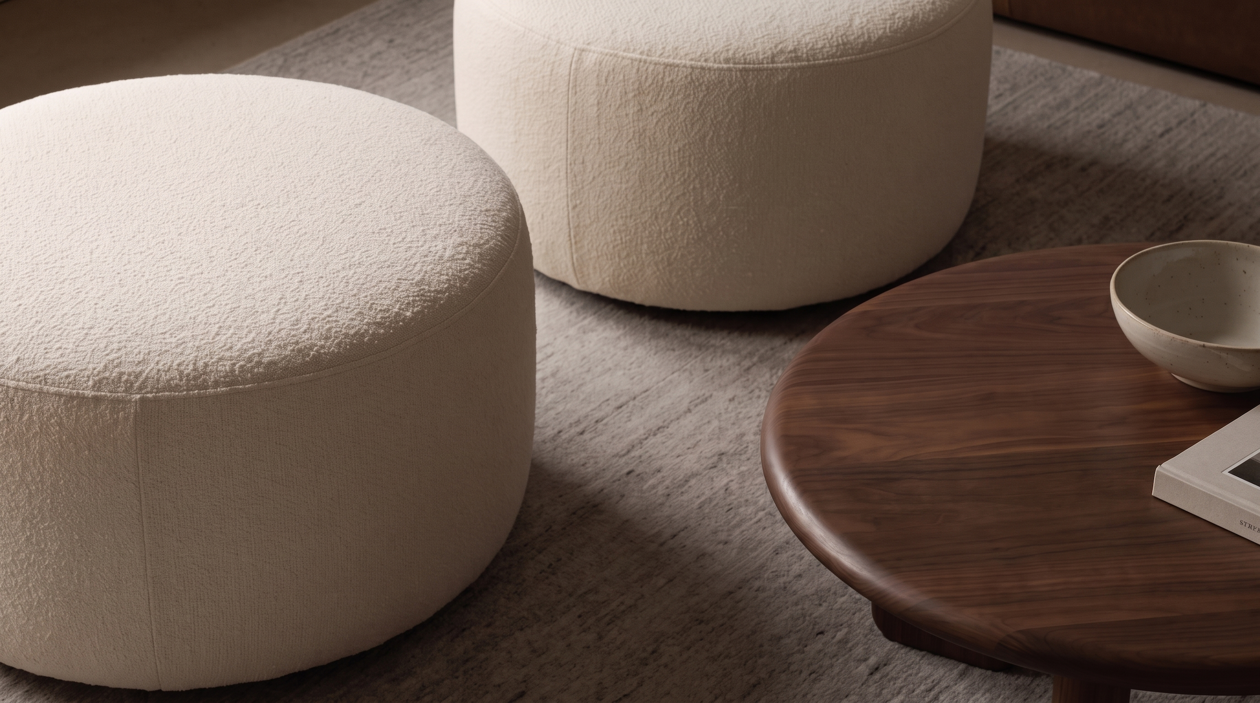 Close up shot of modern living room furniture pieces with a dark wood coffee table and boucle ottomans