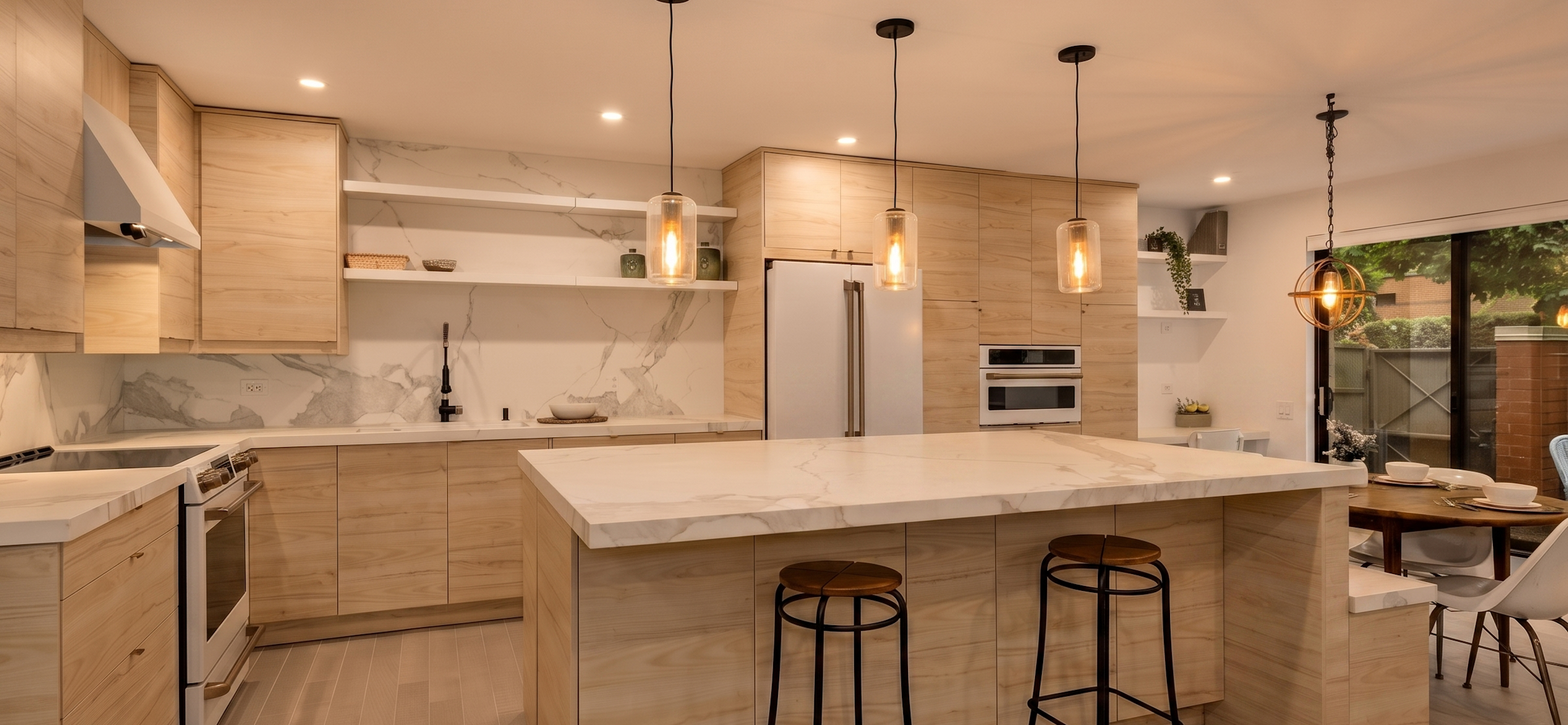 White oak kitchen design with marble countertops and warm lighting showcasing the entire space