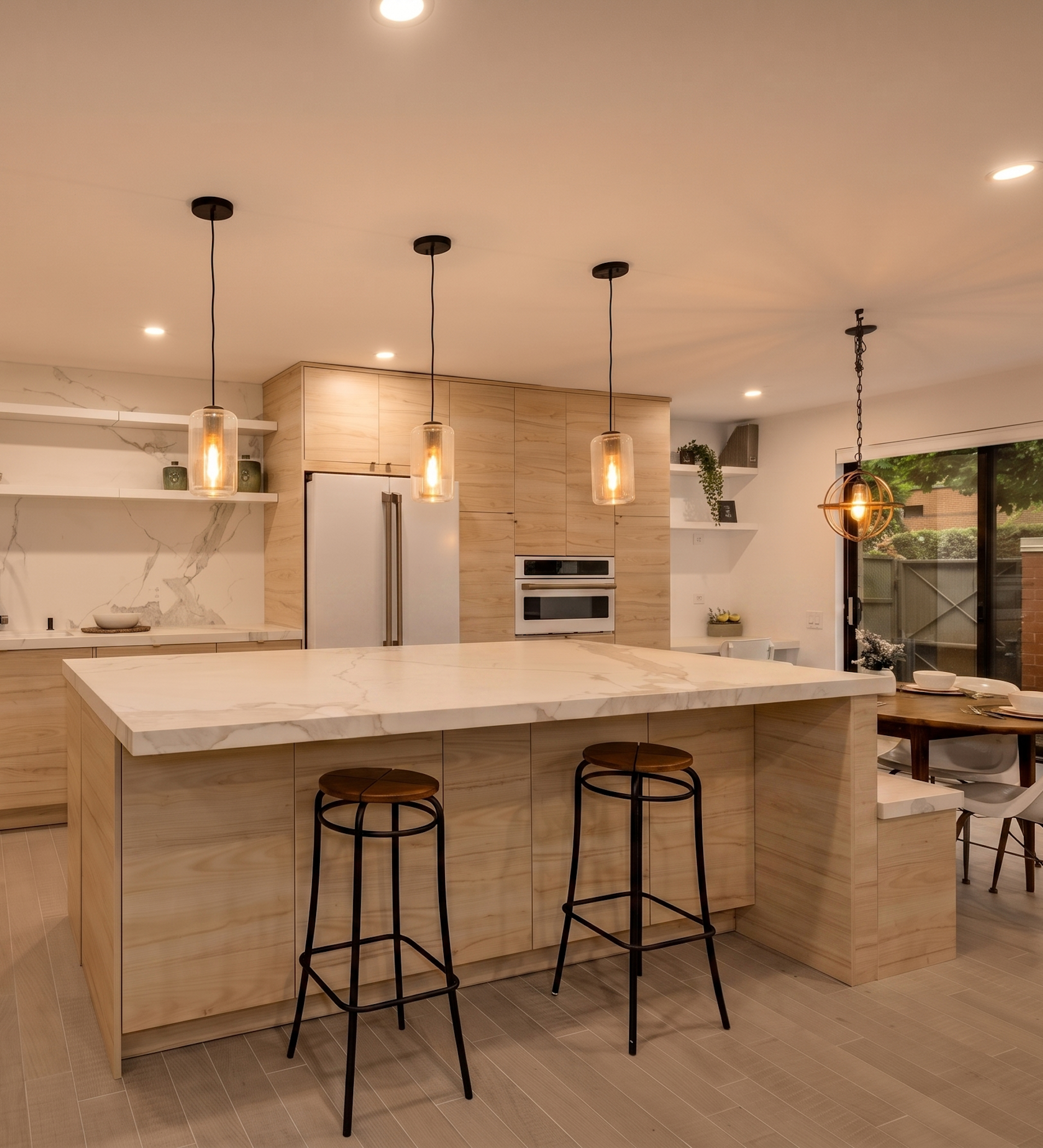 White oak kitchen design with marble countertops and warm lighting