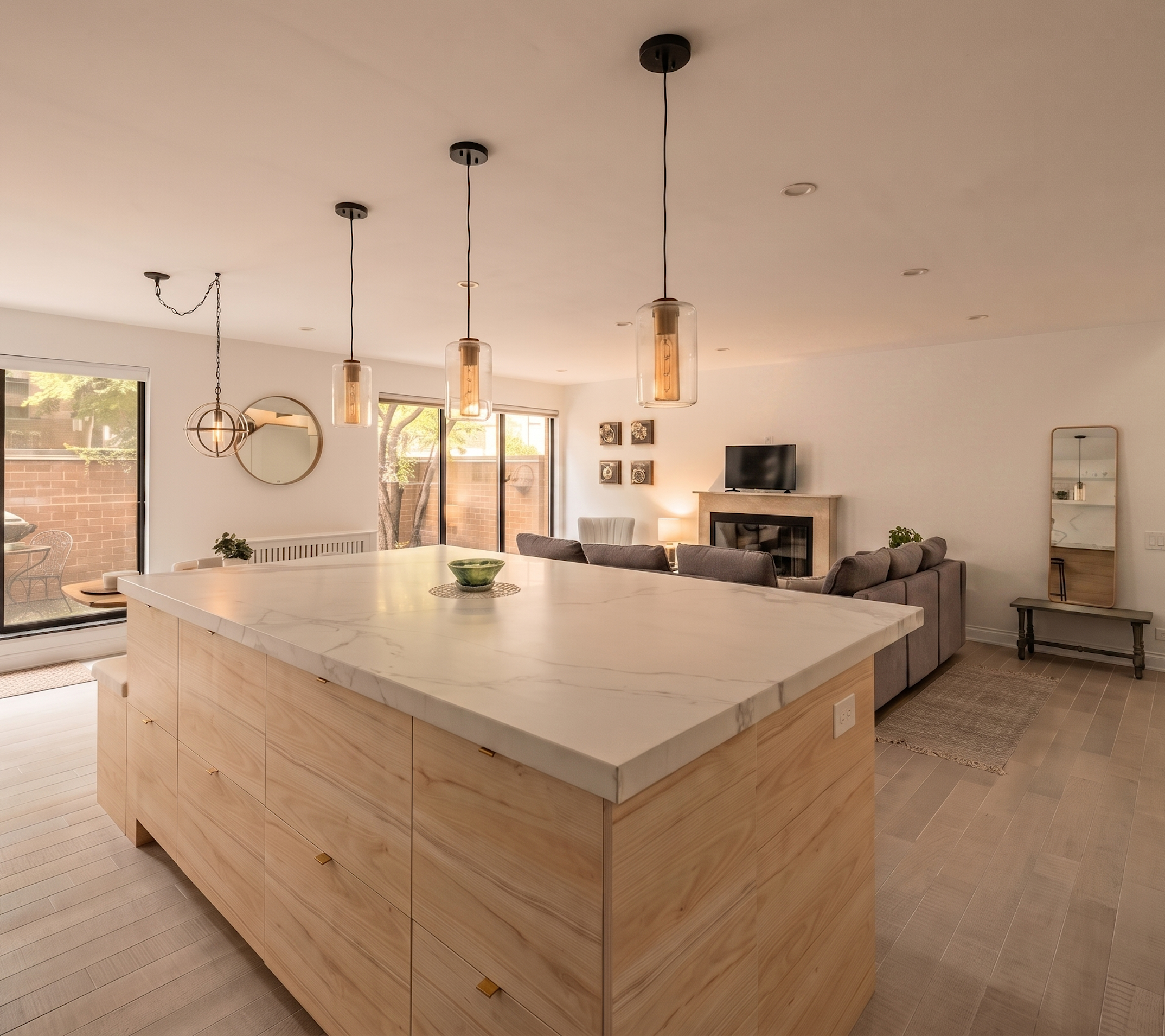 White oak kitchen design with marble countertops showcasing the island looking into the living room