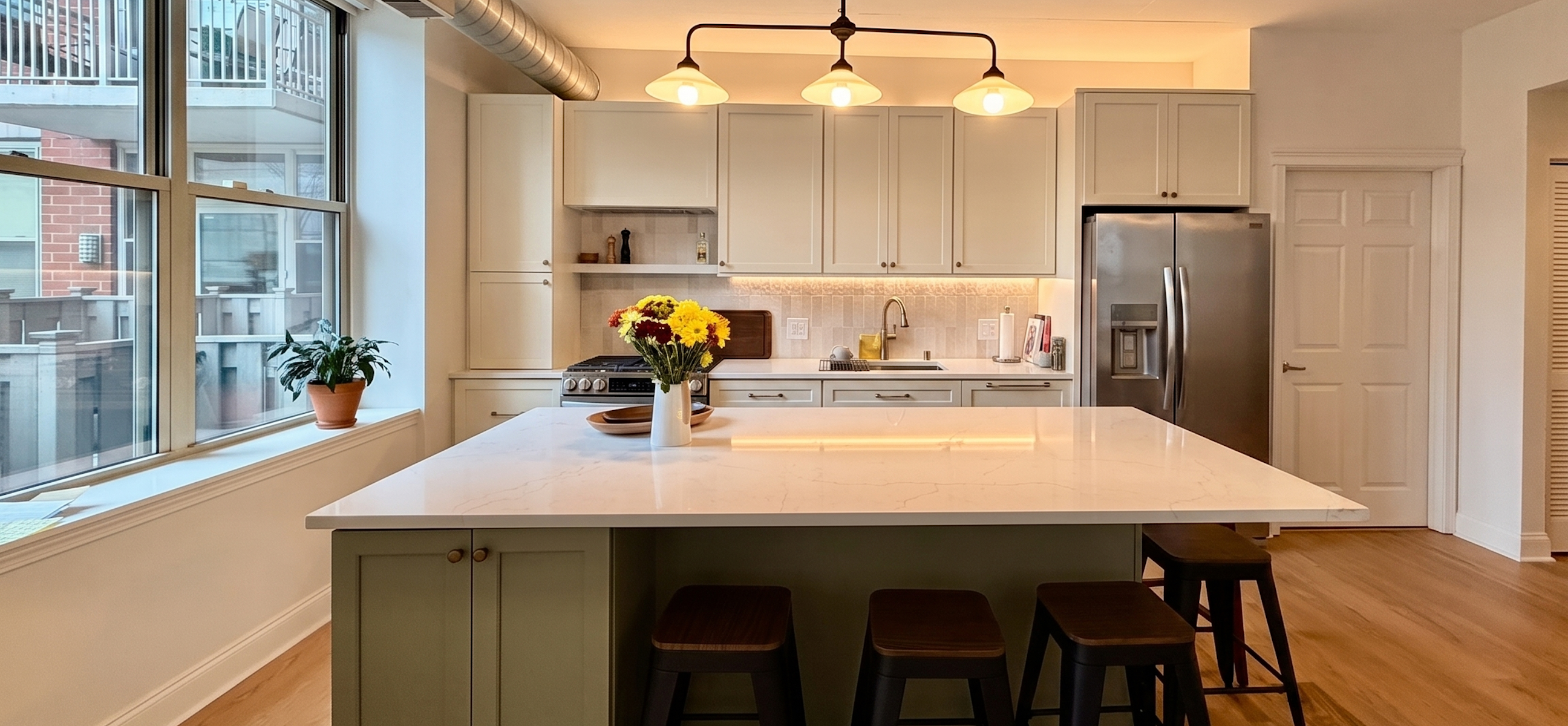 West Loop Kitchen Design with two-tone neutral white and sage cabinets and wraparound seating