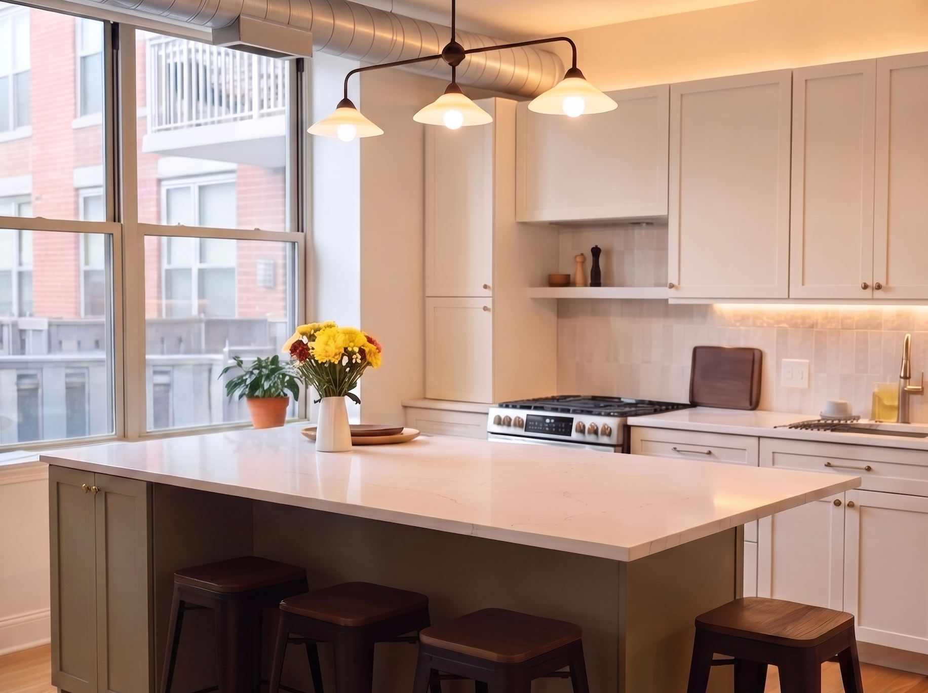 West Loop Kitchen Design with two-tone neutral white and sage cabinets and wraparound seating showcasing the wraparound detail of the island
