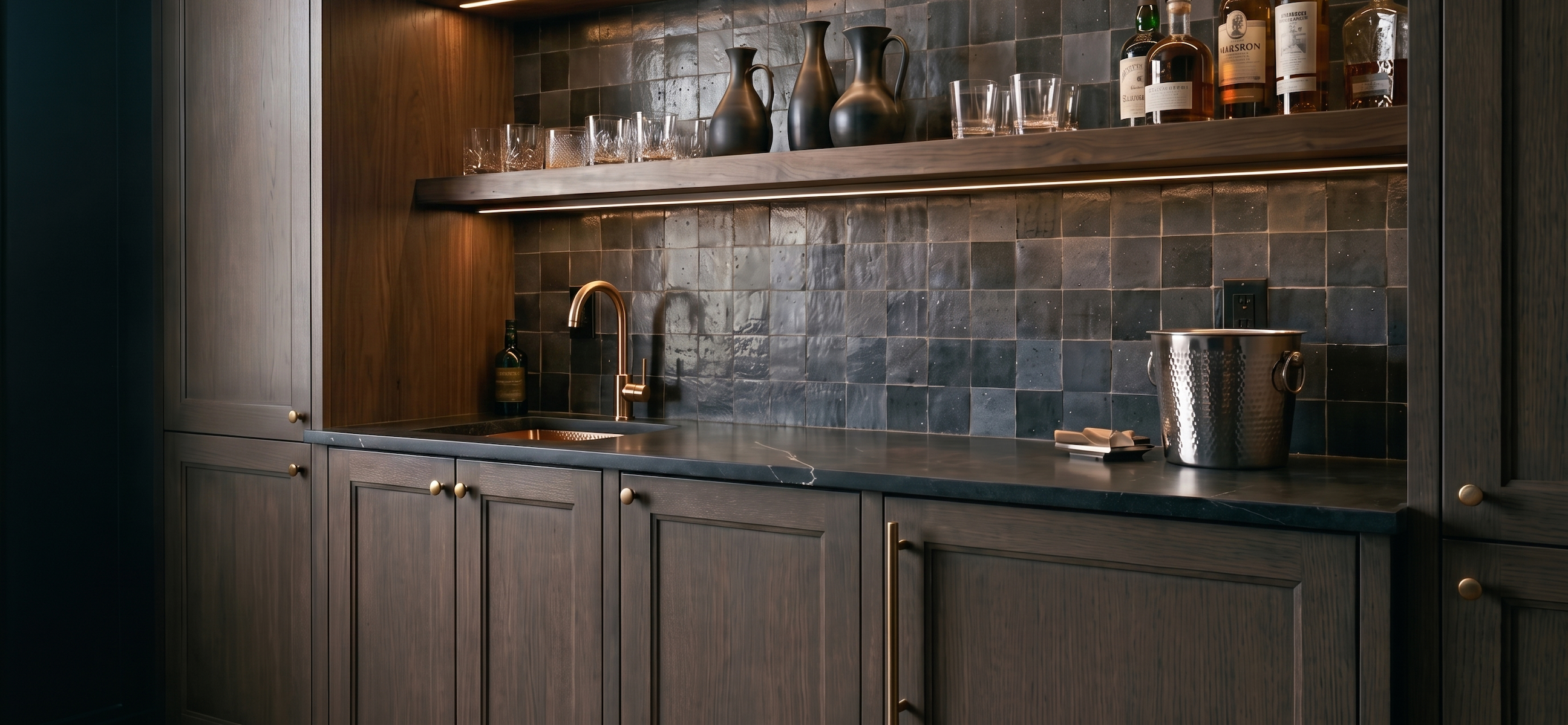 Custom cabinetry wet bar with square slate navy tiles and darker tone wood cabinets