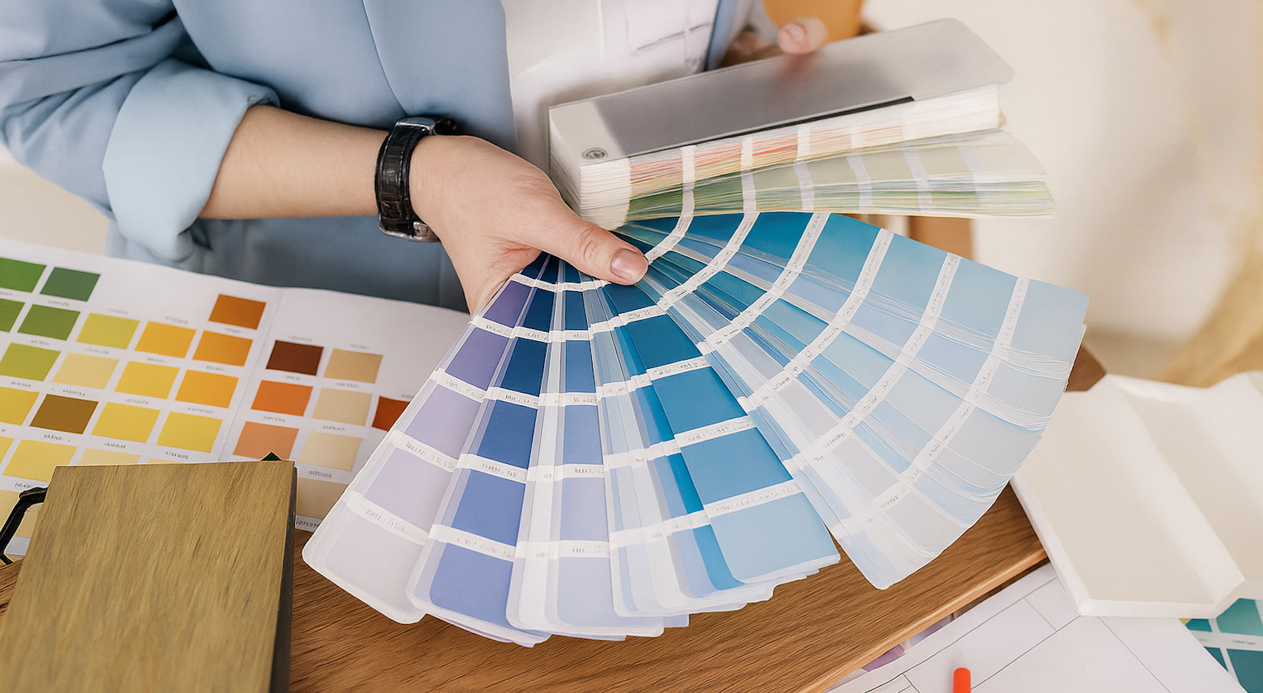1st Design Studio designer fanning out paint swatches for paint color selection