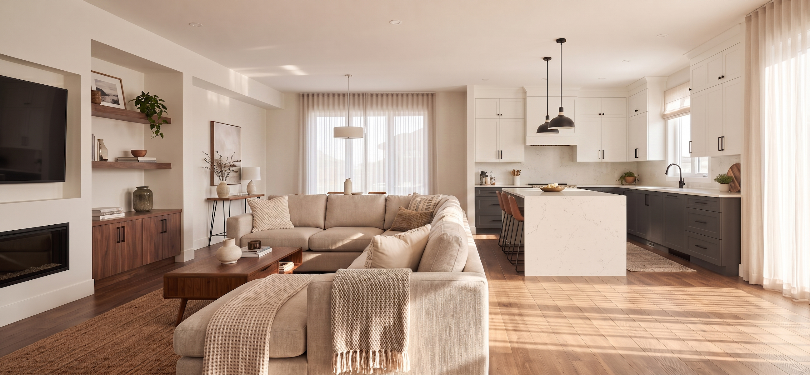 Modern great room design with multiple functional spaces including a living room space, open kitchen, and dining table