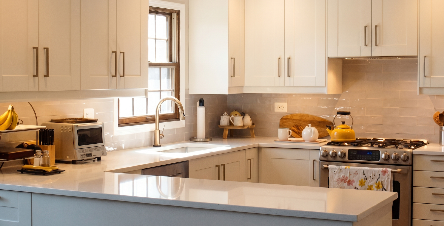 Custom light blue and neutral off-white kitchen with peninsula