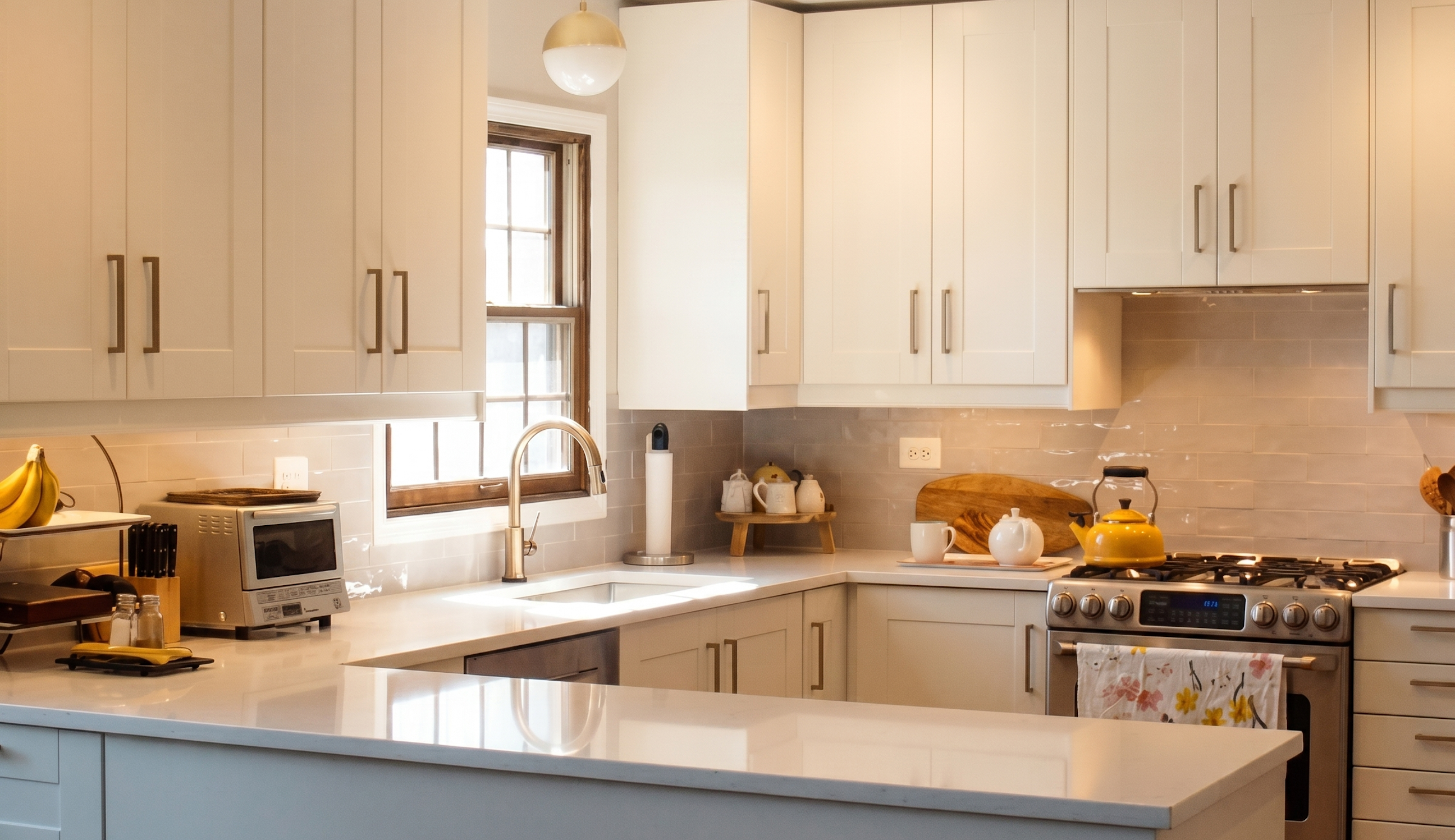 Custom light blue and neutral off-white kitchen with peninsula