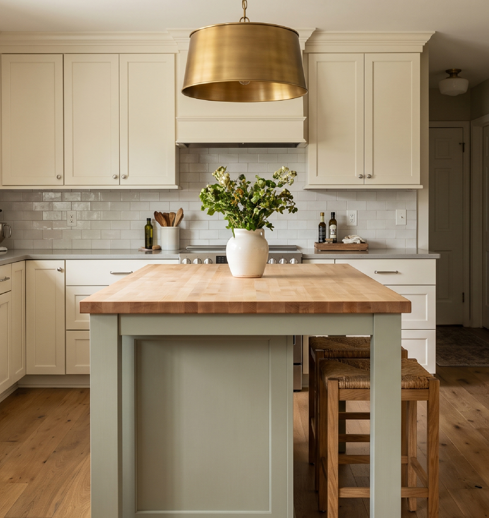 Compact suburban kitchen with a centered island, two-tone cabinetry, and layered lighting.