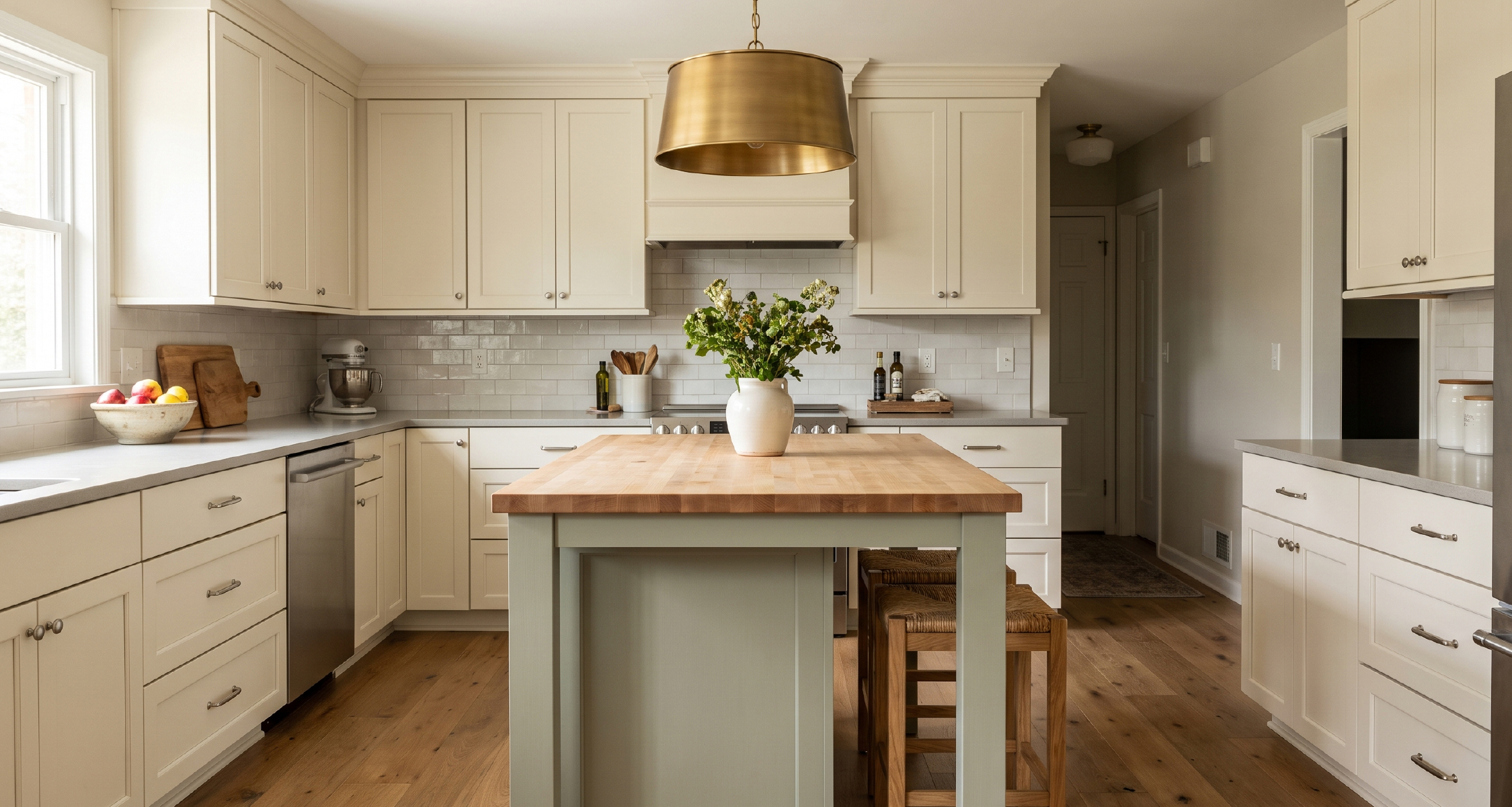 Compact suburban kitchen with a centered island, two-tone cabinetry, and layered lighting.
