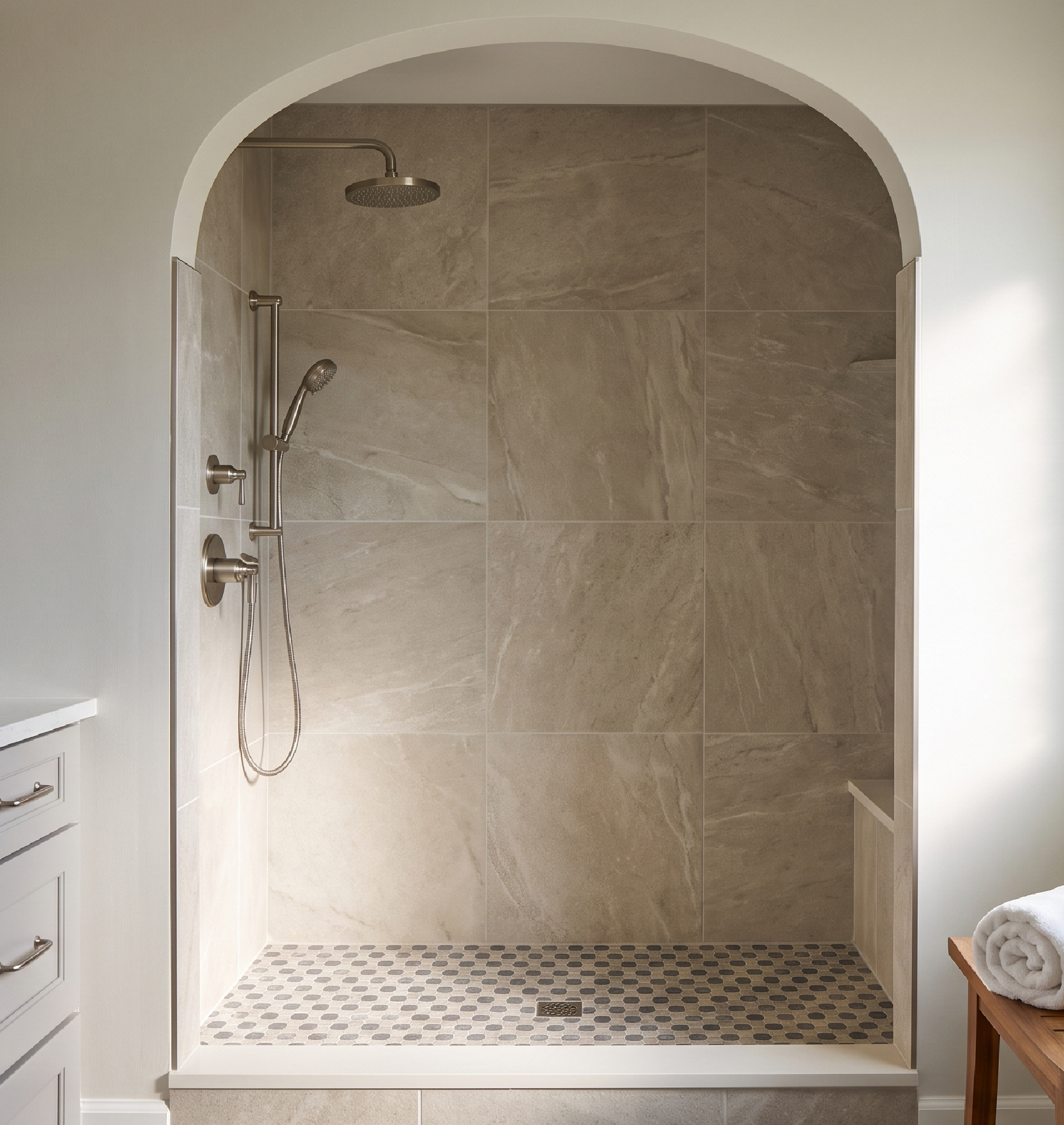 Spa-like primary bathroom centered on an arched walk-in shower with stone-look tile.