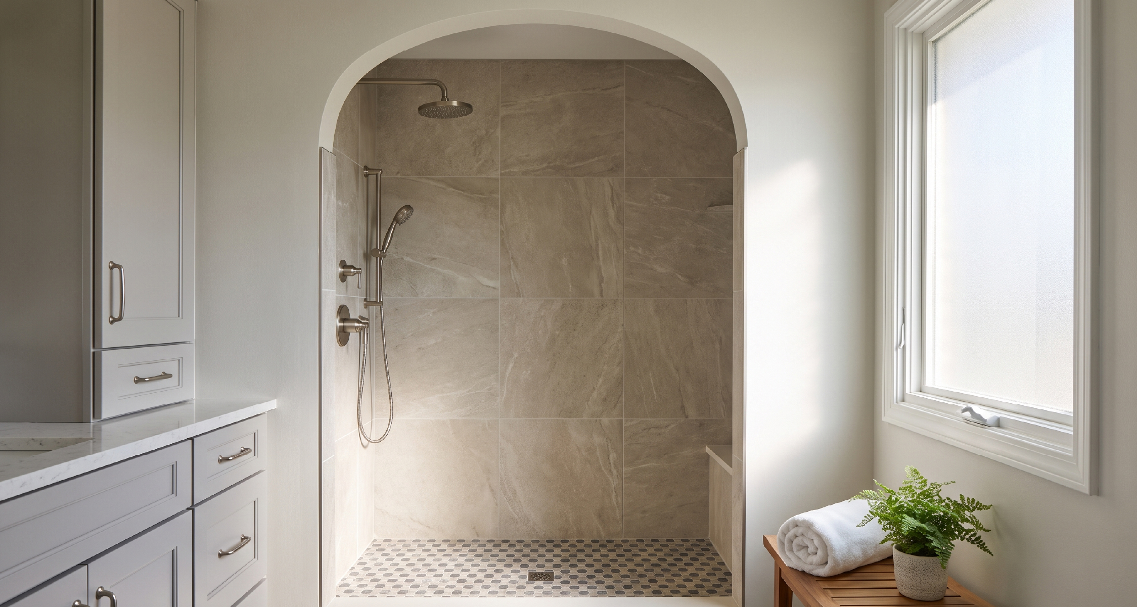Spa-like primary bathroom centered on an arched walk-in shower with stone-look tile.