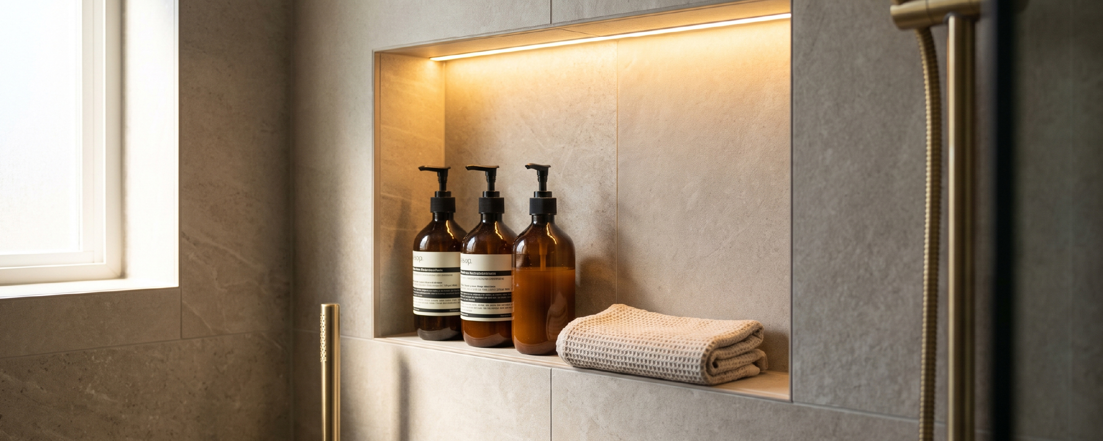 Lit recessed shower niche in a spa-style bathroom with stone-look tile.