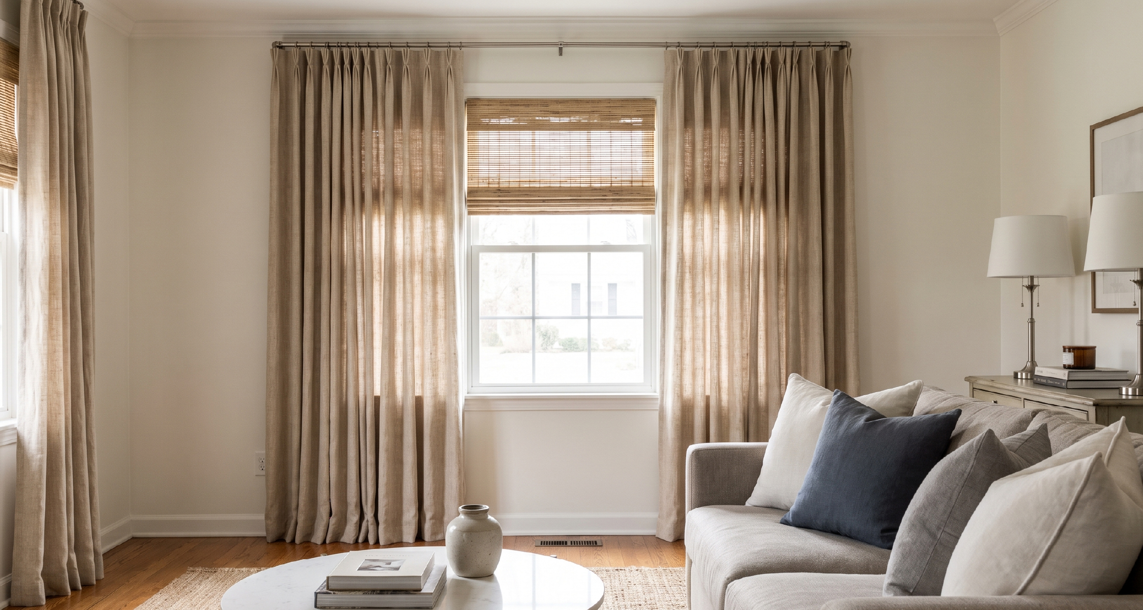 Sunlit window with layered shade and drapery in a warm suburban living room.