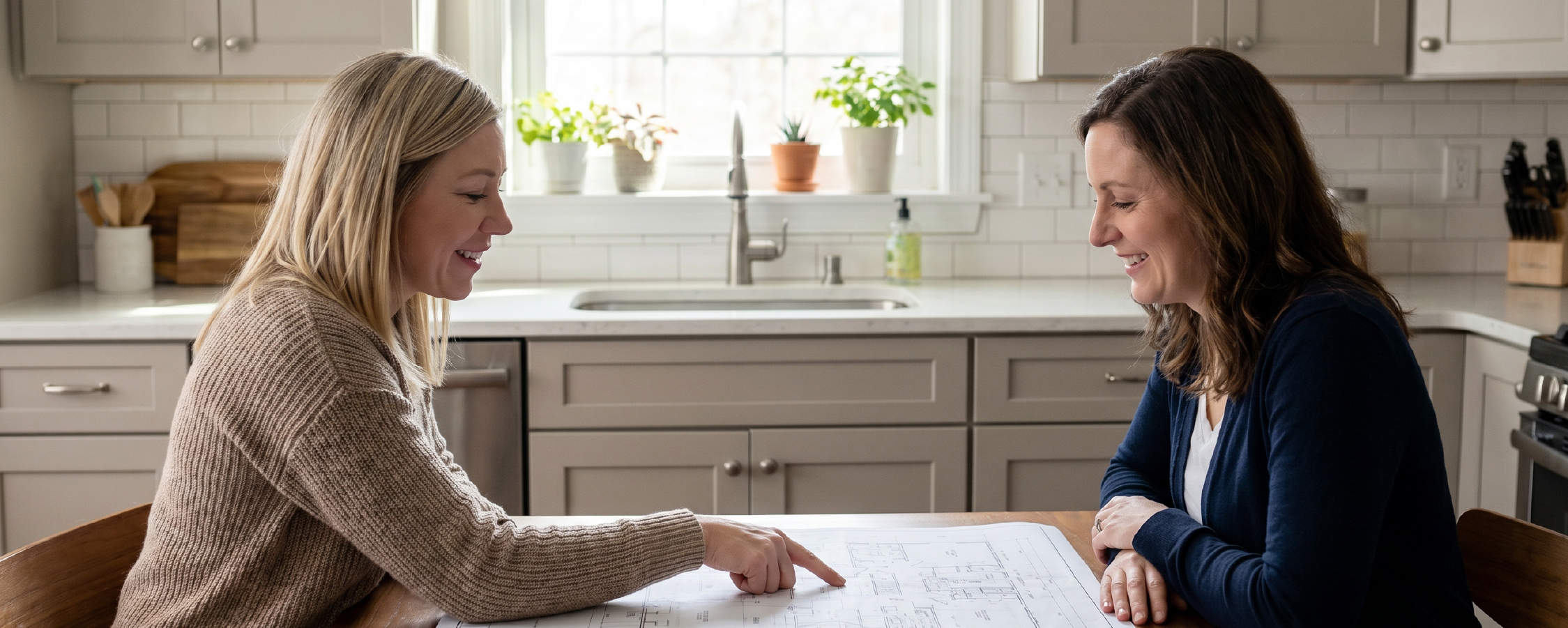 Principle designer Julie and a homeowner reviewing kitchen plans together at a table.