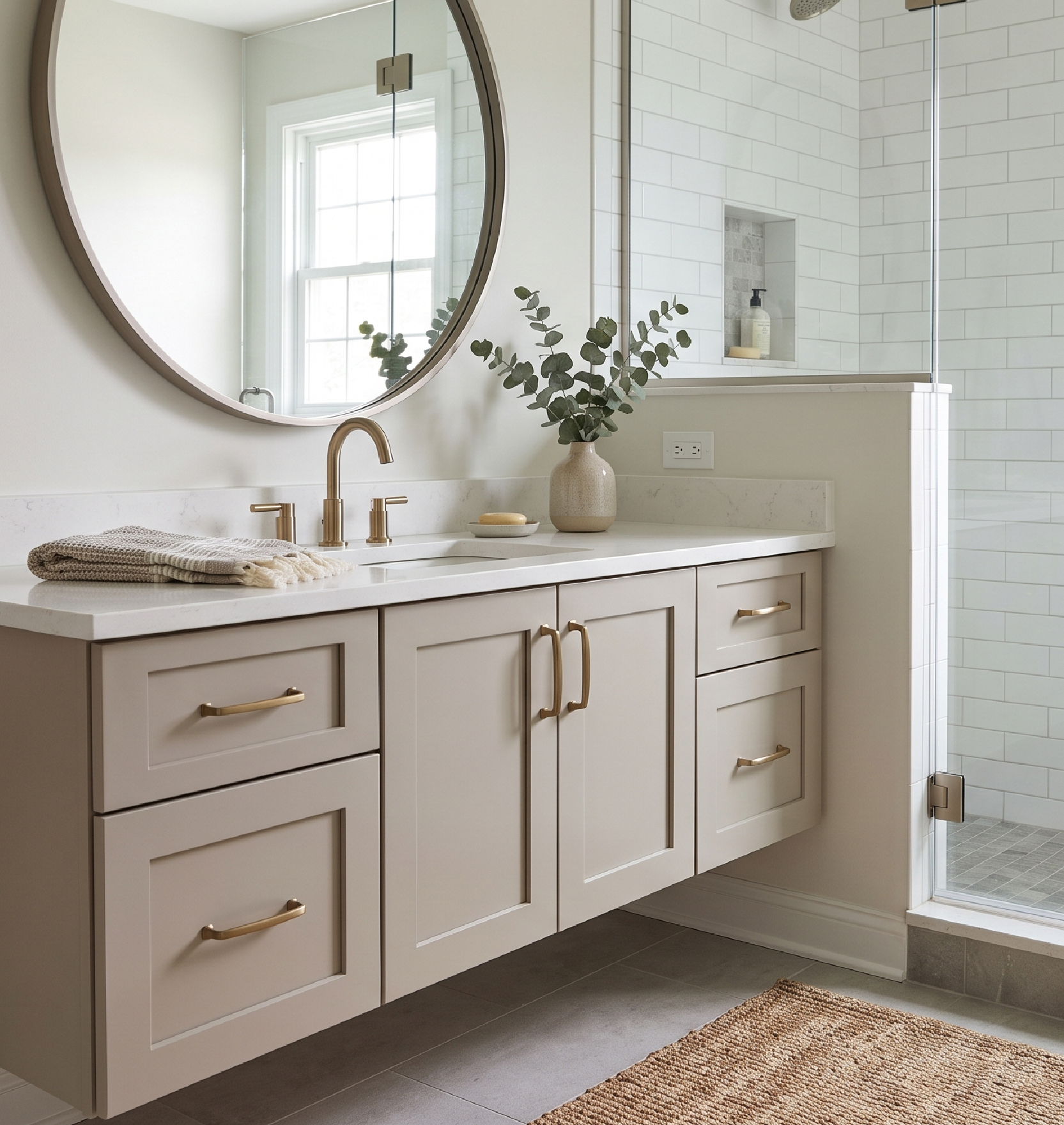 Small bathroom centered on a floating vanity with a mirror and walk-in shower.