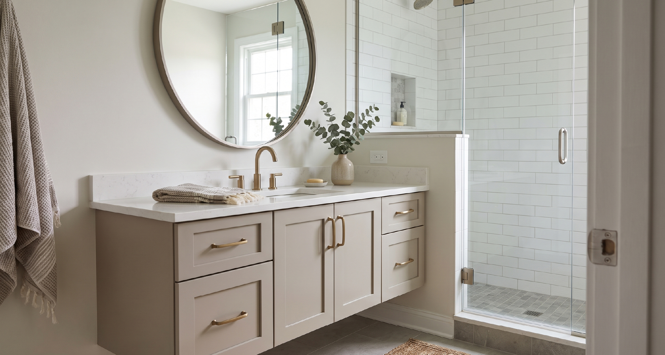 Small bathroom centered on a floating vanity with a mirror and walk-in shower.