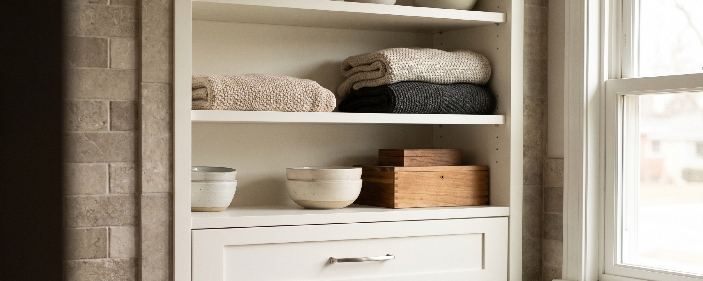 Built-in storage in a small bathroom.