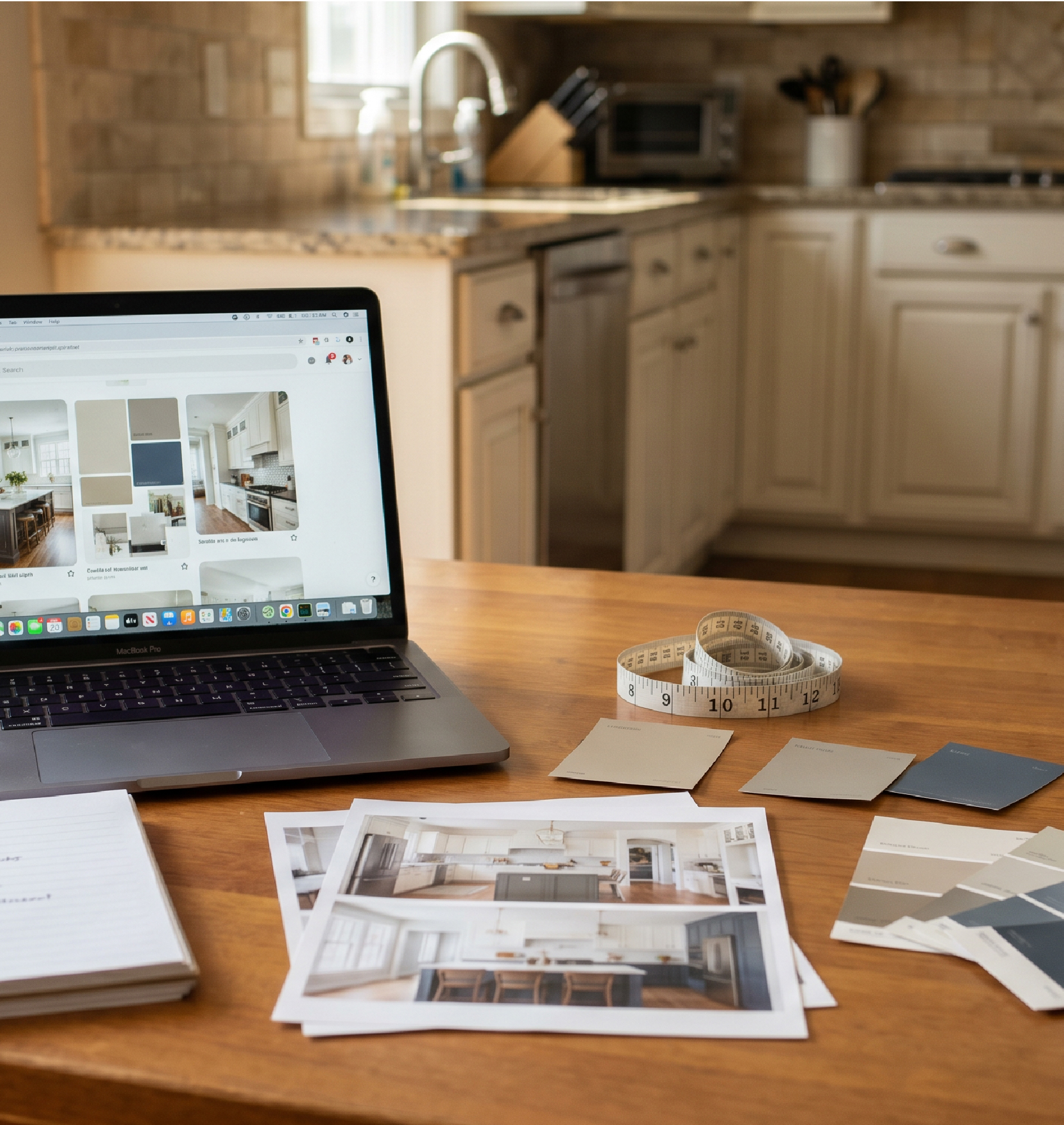 Centered kitchen-table setup for planning a remodel, with a laptop, notes, and paint chips.