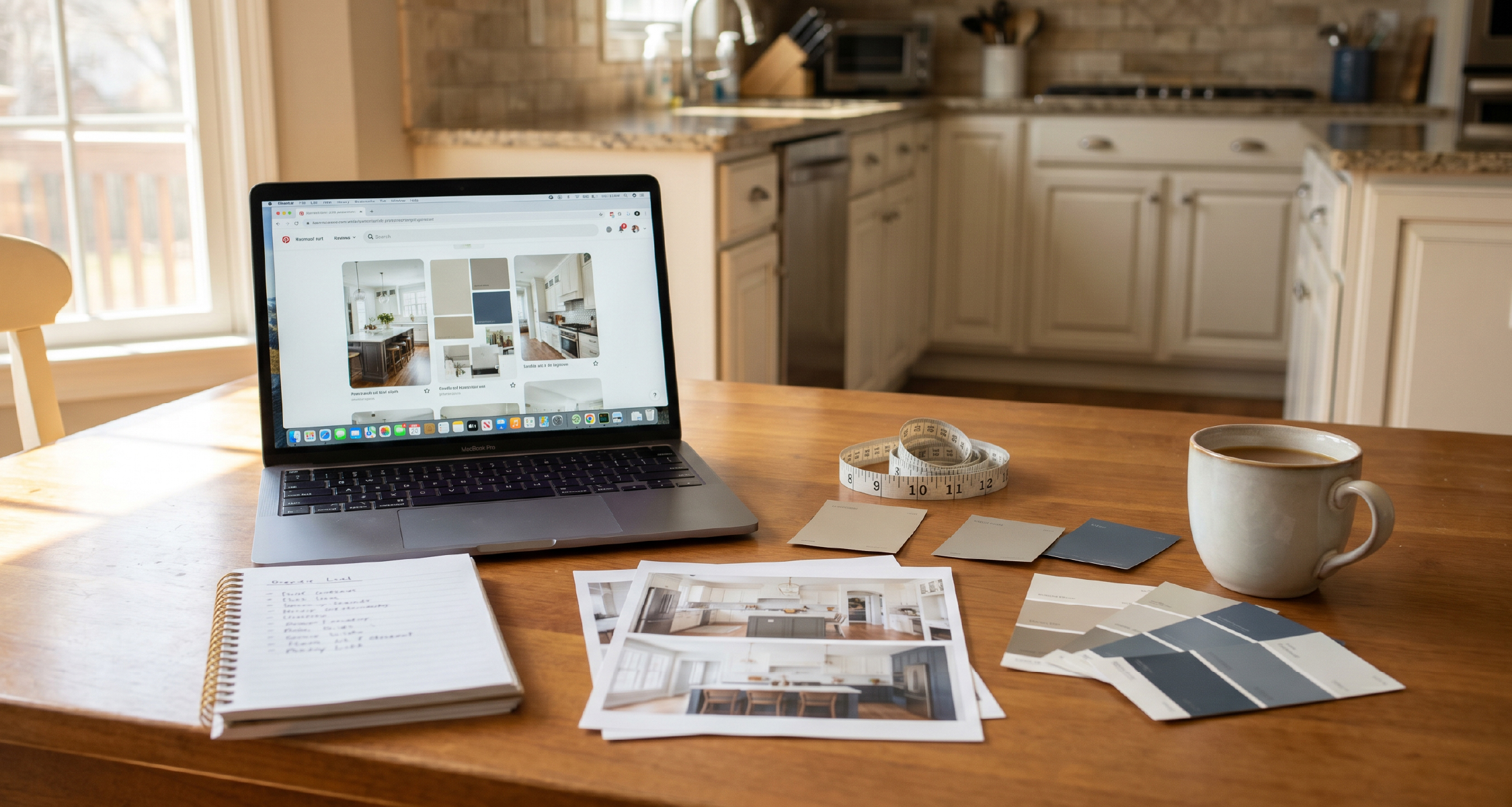Centered kitchen-table setup for planning a remodel, with a laptop, notes, and paint chips.