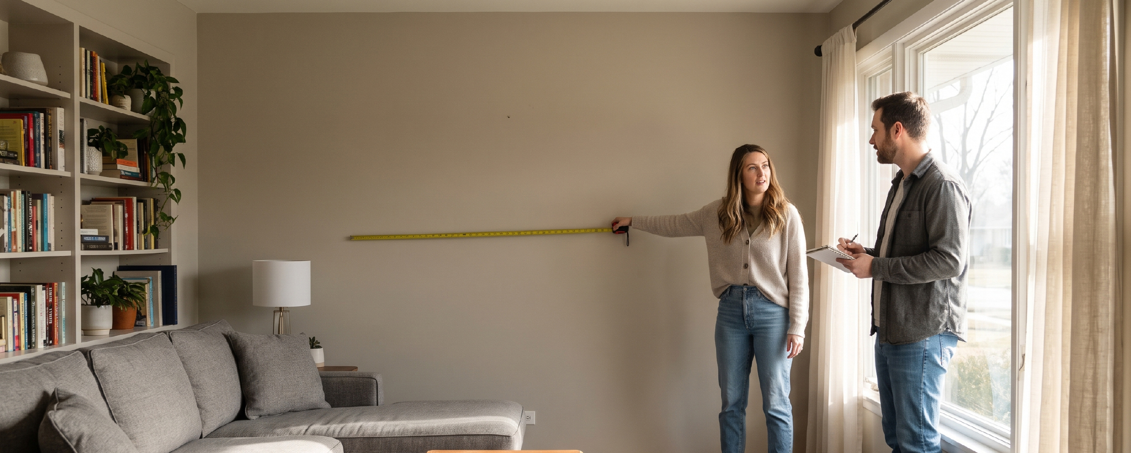 Homeowner and designer measuring a room while planning a remodel.