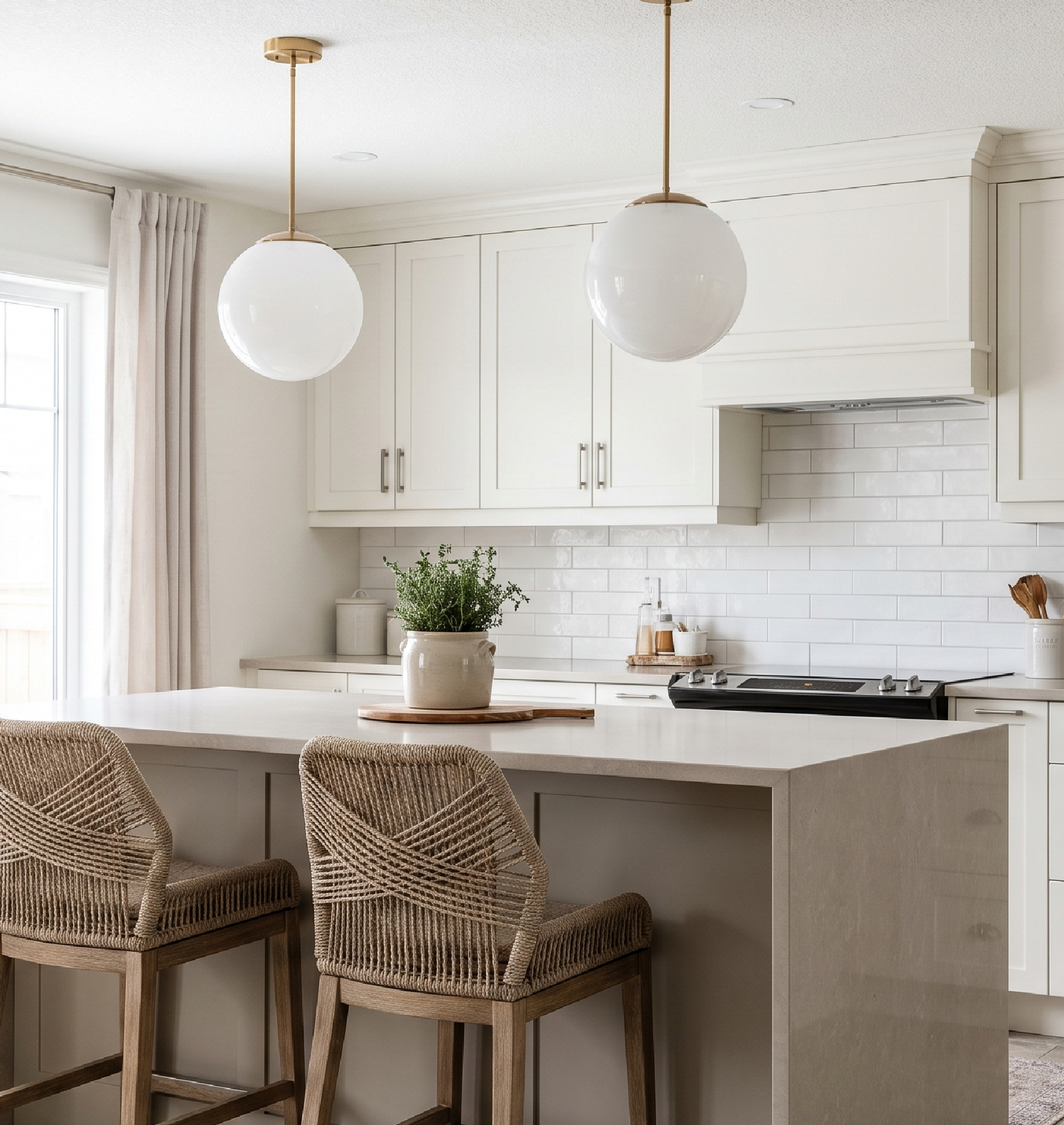 Finished suburban kitchen centered on a quartz waterfall island.