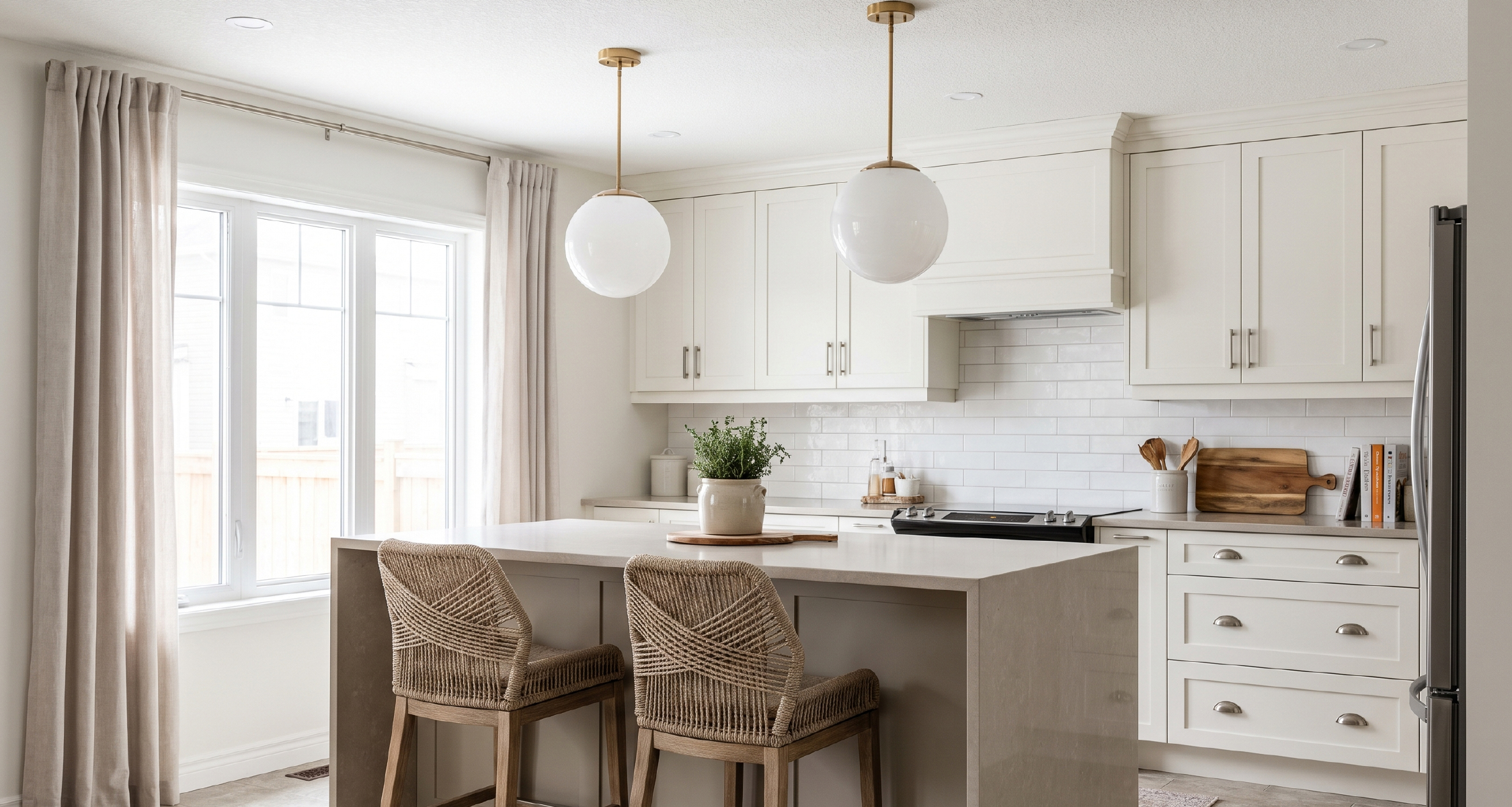 Finished suburban kitchen centered on a quartz waterfall island.