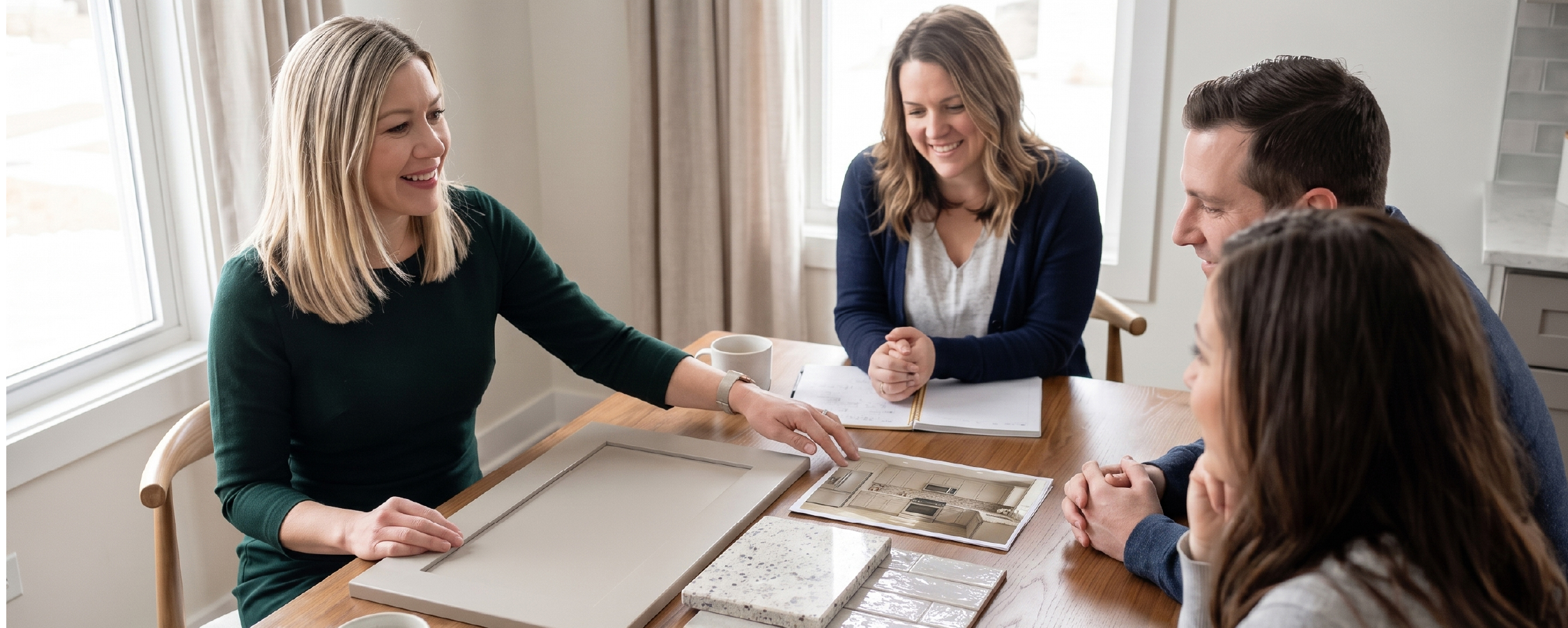 Designer Julie Constantine presenting a kitchen material board to homeowners.