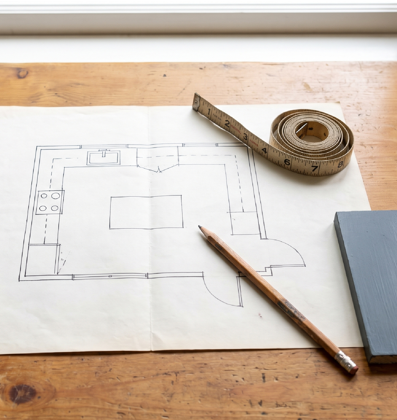 Kitchen floor plan with a tape measure and pencil, centered on a warm surface.