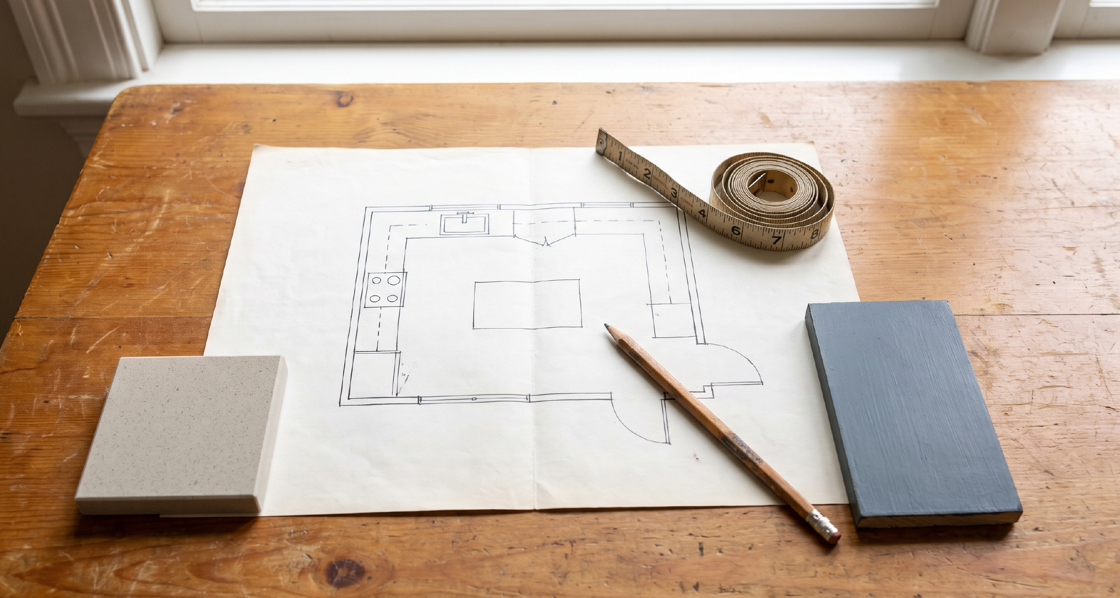 Kitchen floor plan with a tape measure and pencil, centered on a warm surface.