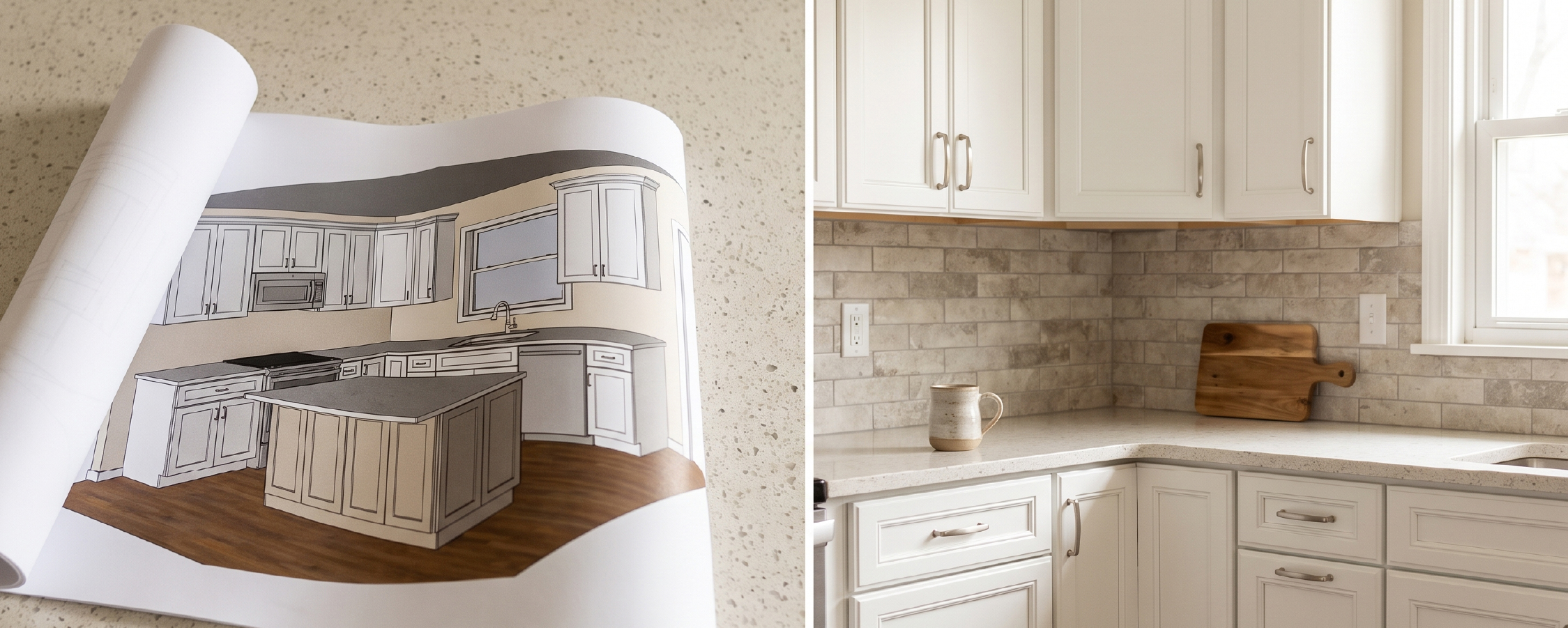 A 3D kitchen rendering beside the finished kitchen it matches.