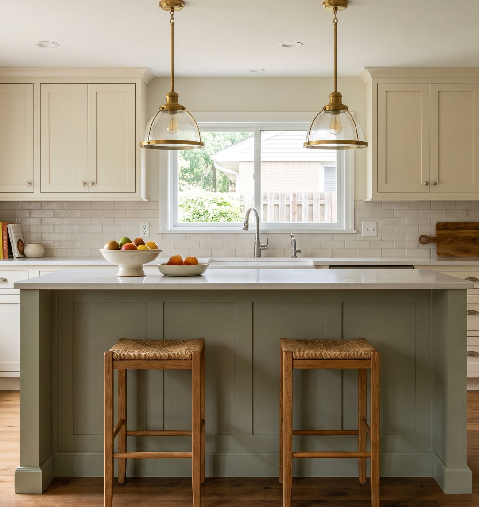 Suburban kitchen with a contrasting two-tone island centered against a neutral perimeter.