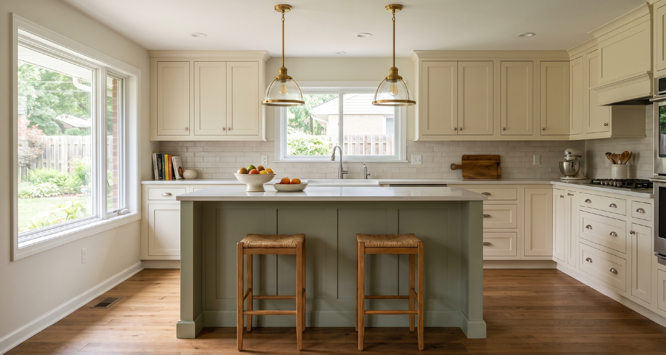 Suburban kitchen with a contrasting two-tone island centered against a neutral perimeter.