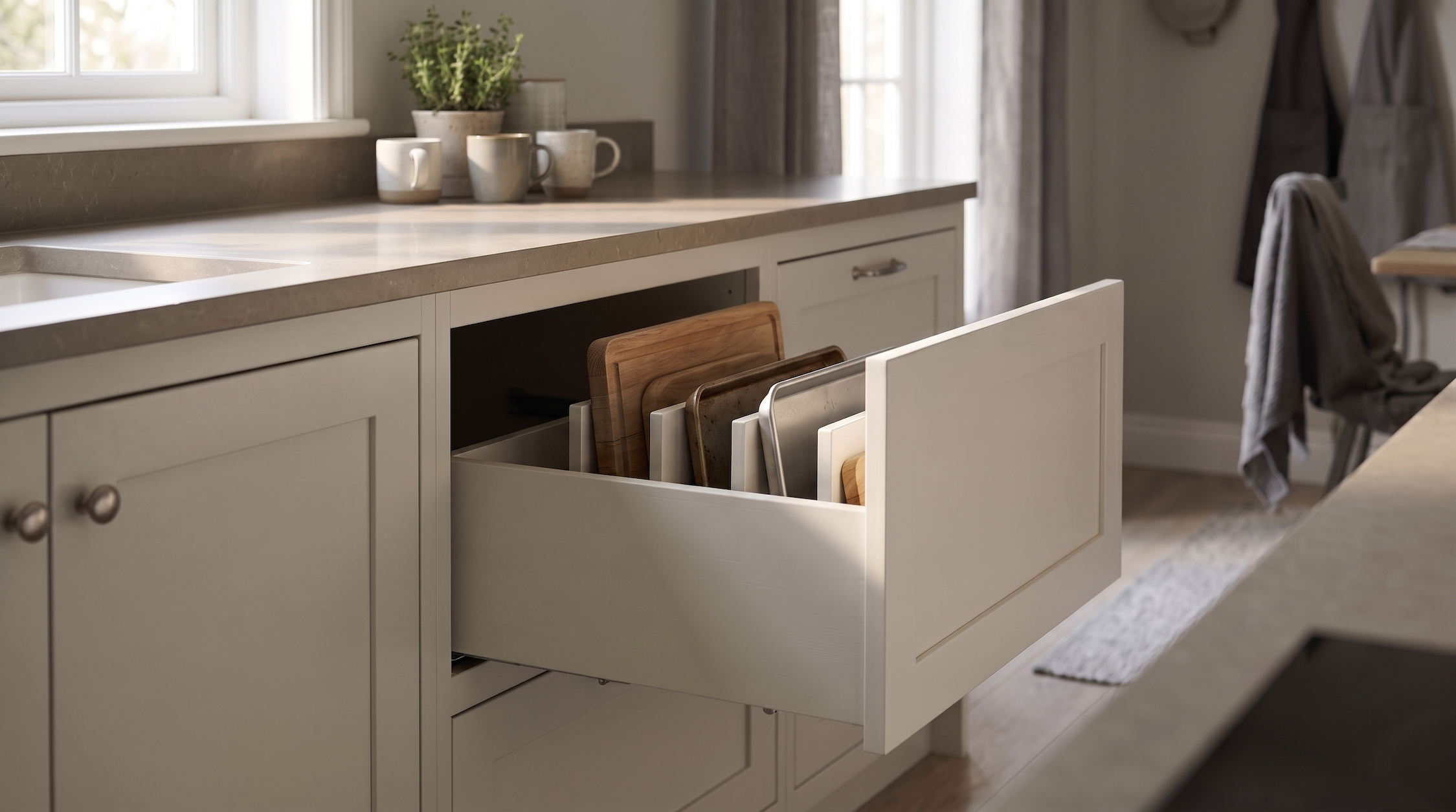Open pull-out kitchen drawer with vertical dividers for smart small-kitchen storage.
