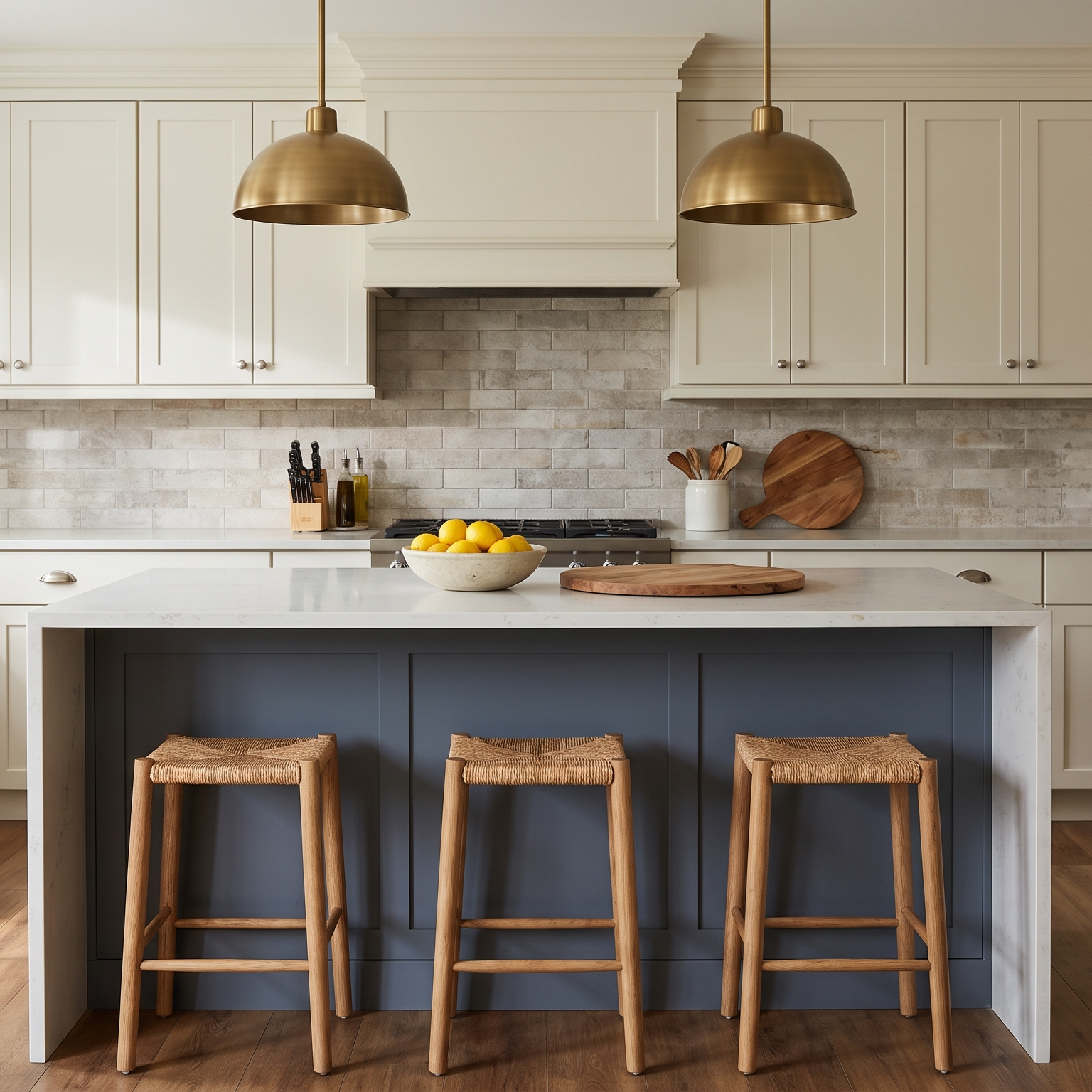 Two-tone suburban kitchen with a cream perimeter, navy island, quartz waterfall, and warm pendant lighting.