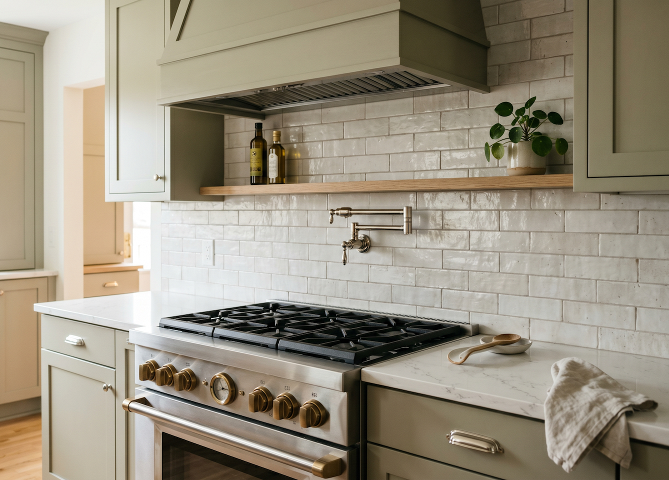 Close-up of a kitchen range wall with a paneled hood, full-height tile backsplash, and brass hardware.