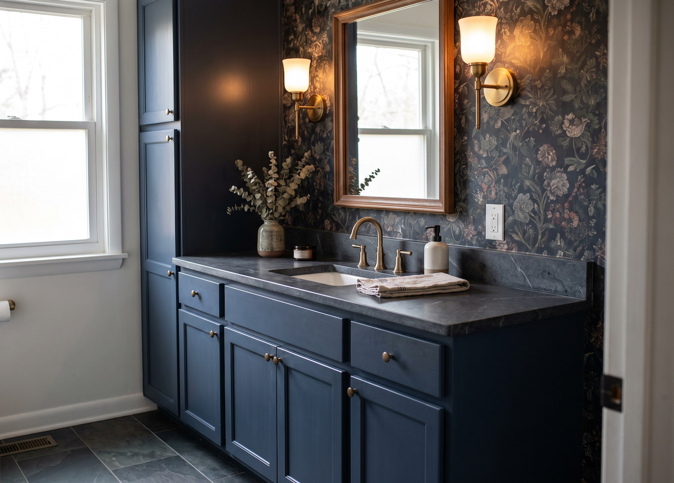 A navy vanity with a dark soapstone top with moody wallpaper behind a metallic-accented vanity mirror with accent sconces on each side